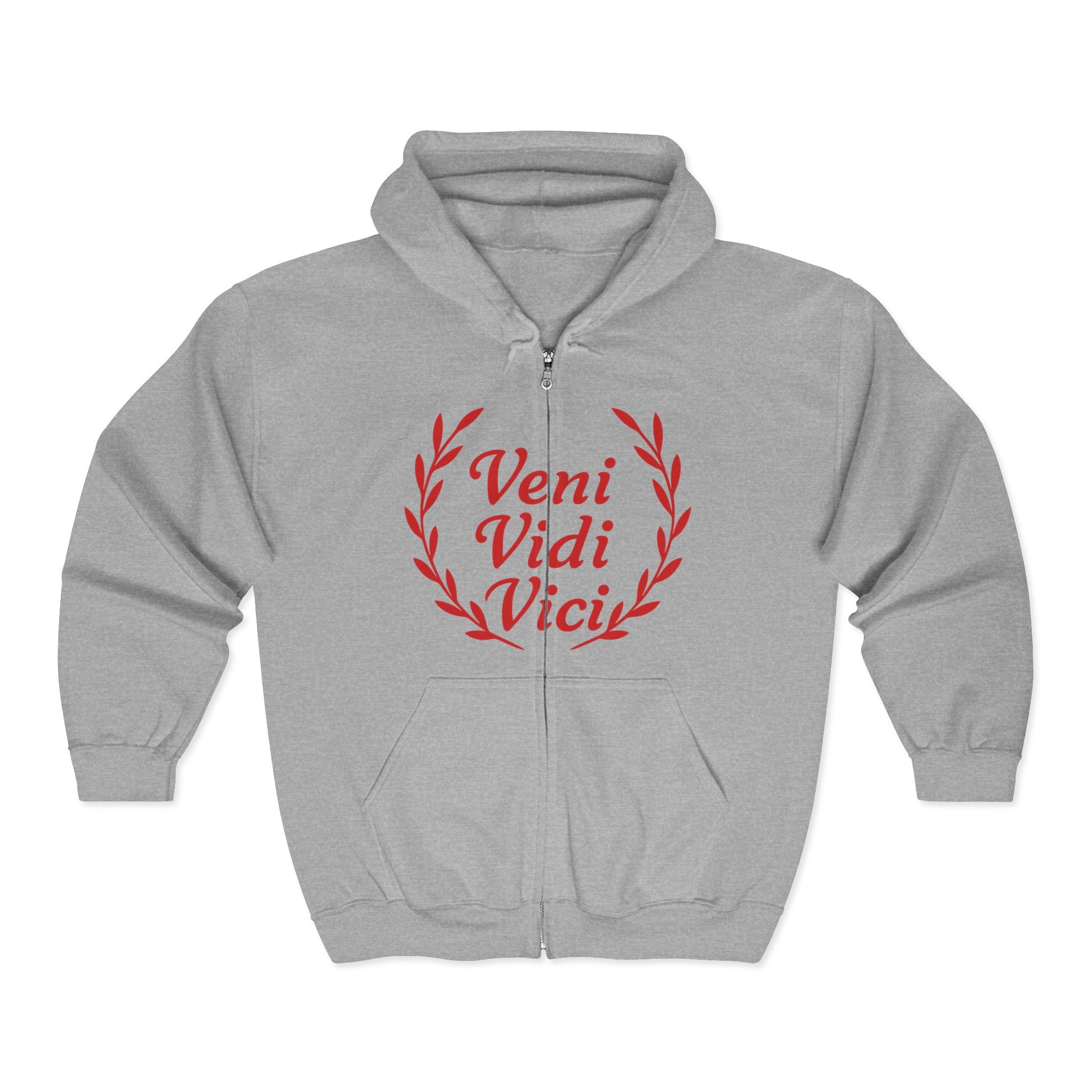 Veni Vidi Vici, "I Came, I Saw, I Conquered" Bright Red Text  Unisex Zip Up Hoodie Sweatshirt