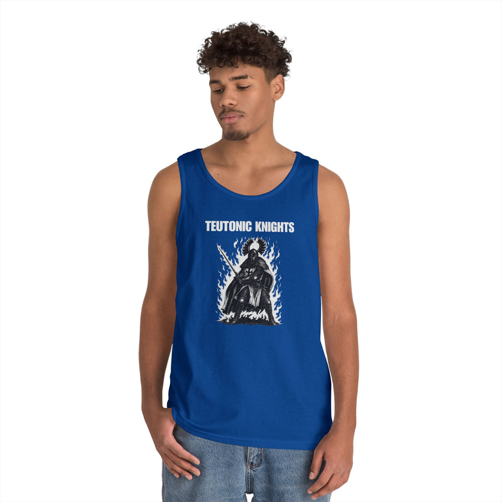 Teutonic Knights Front and Back White Teutonic Cross Graphic Heavy Cotton Tank Top