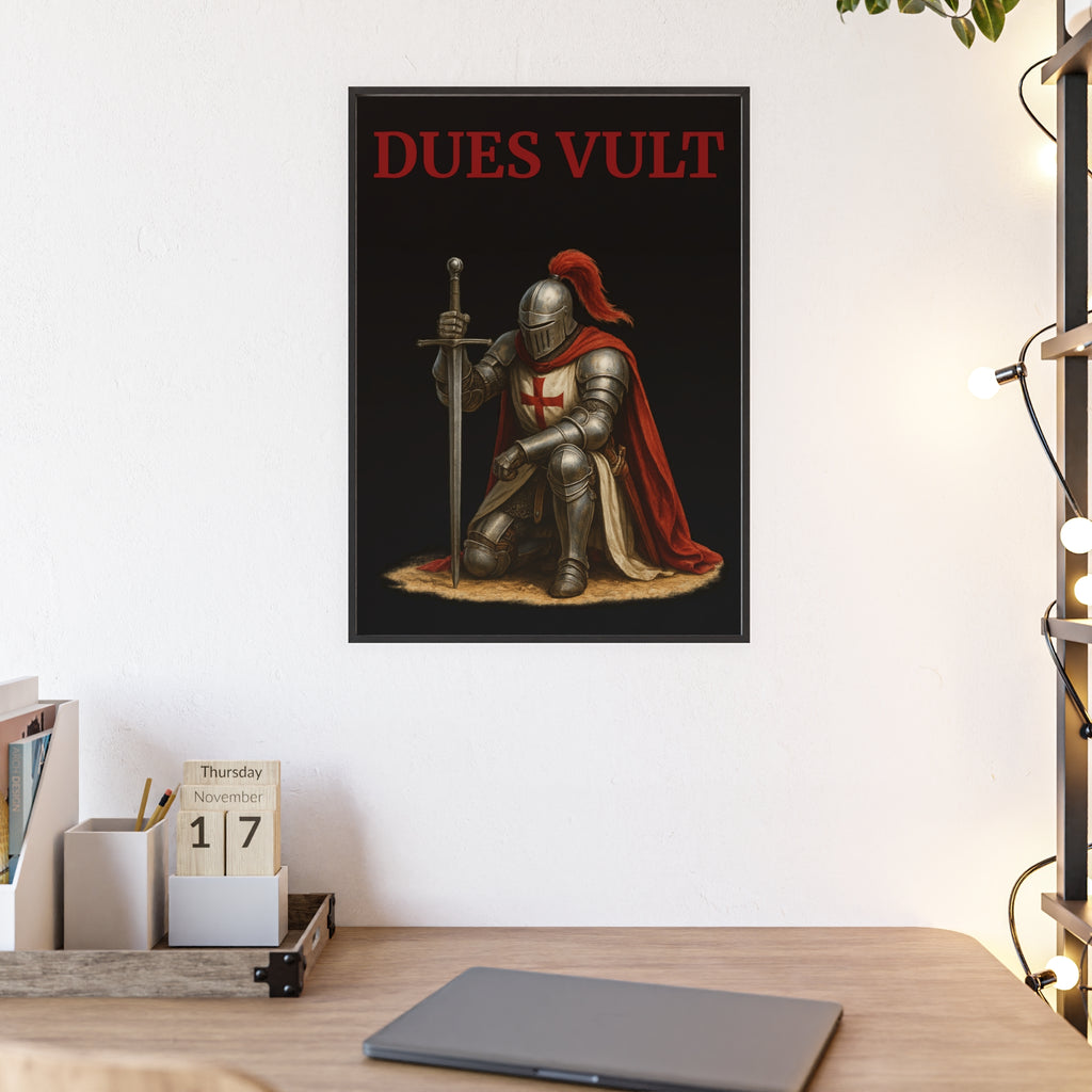 Crusader Knight Themed Dues Vult Poster with Wooden Frame