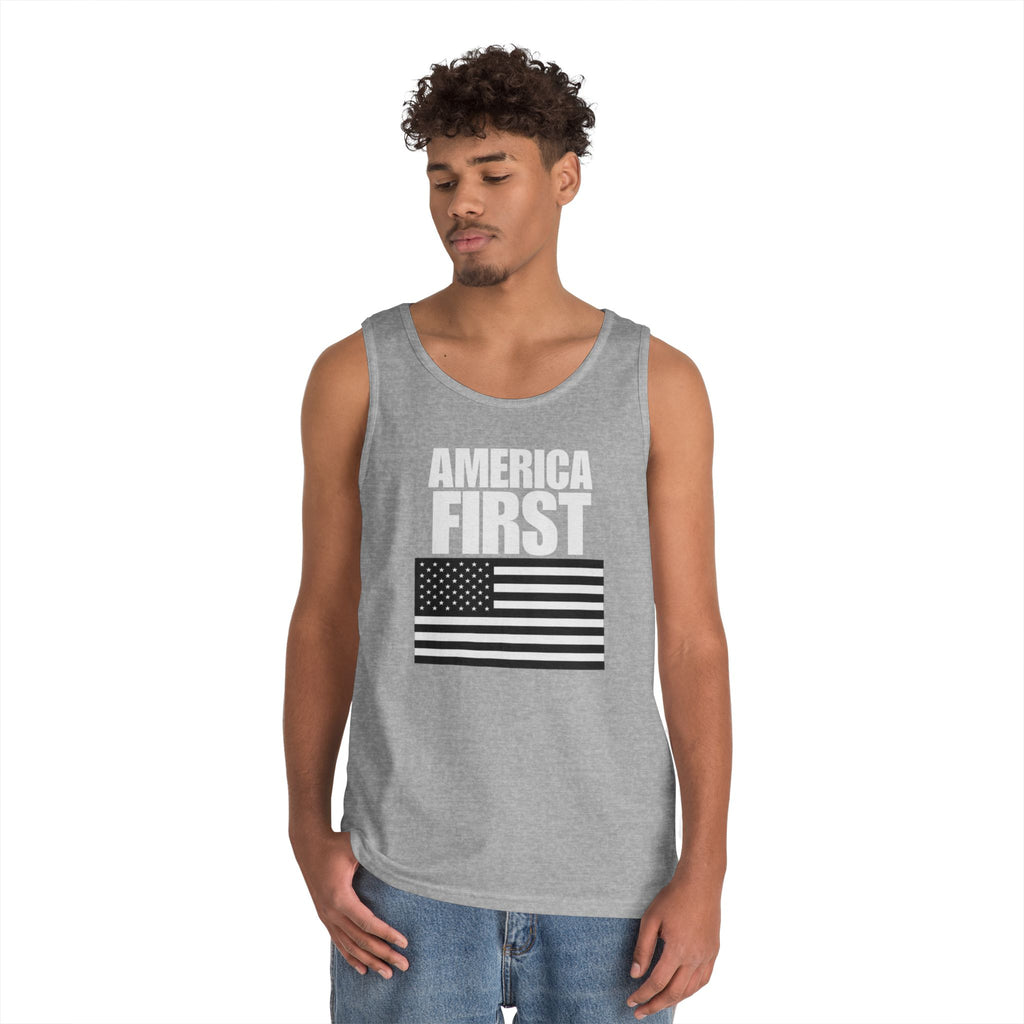 America First Black and White American Flag Heavy Cotton Tank Top