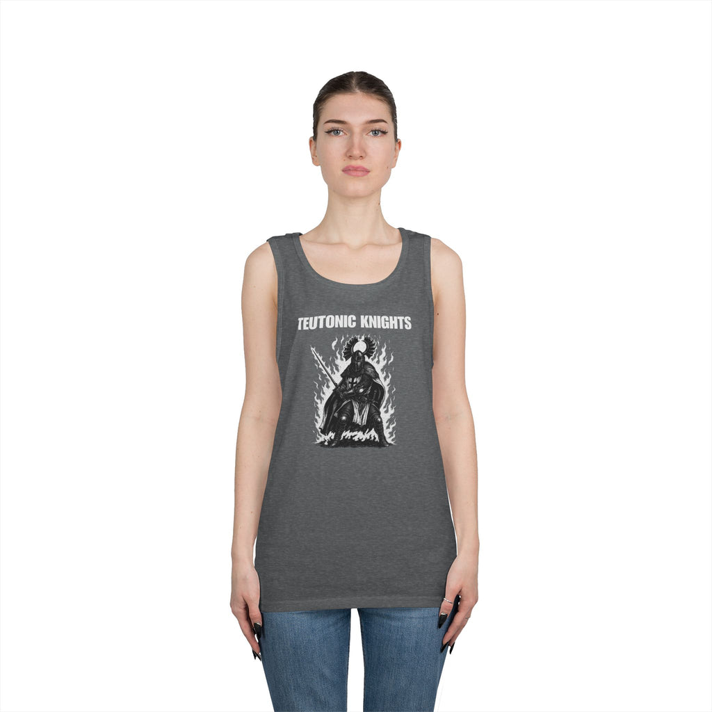 Teutonic Knights Front and Back White Teutonic Cross Graphic Heavy Cotton Tank Top