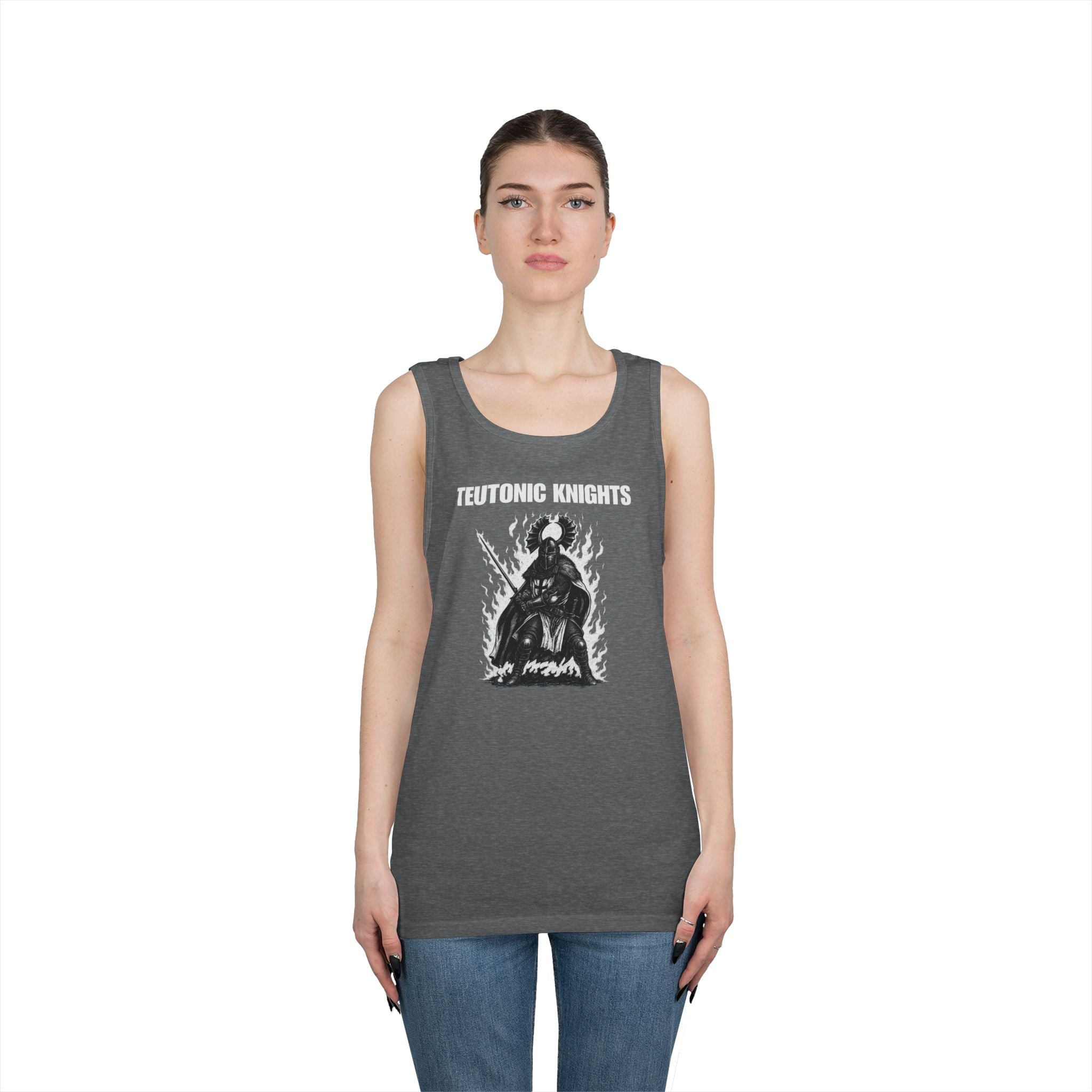 Teutonic Knights Front and Back White Teutonic Cross Graphic Heavy Cotton Tank Top