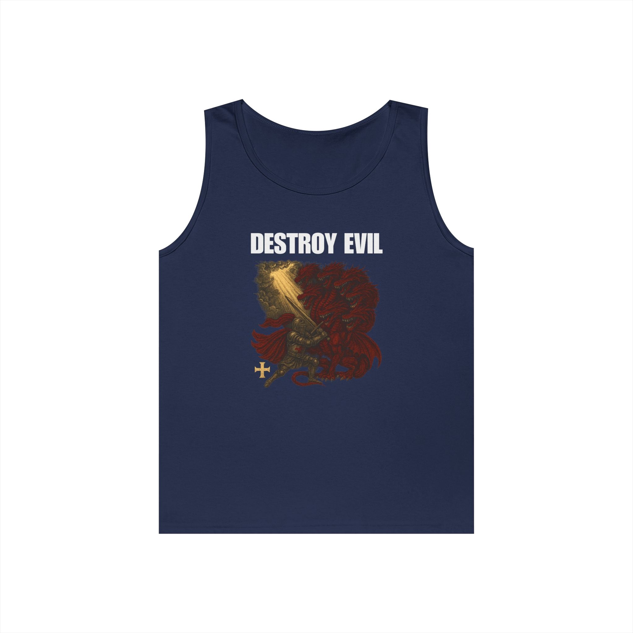 Heavy Cotton Tank Top with 'Destroy Evil' Crusader Defeating the Great Red Dragon Design