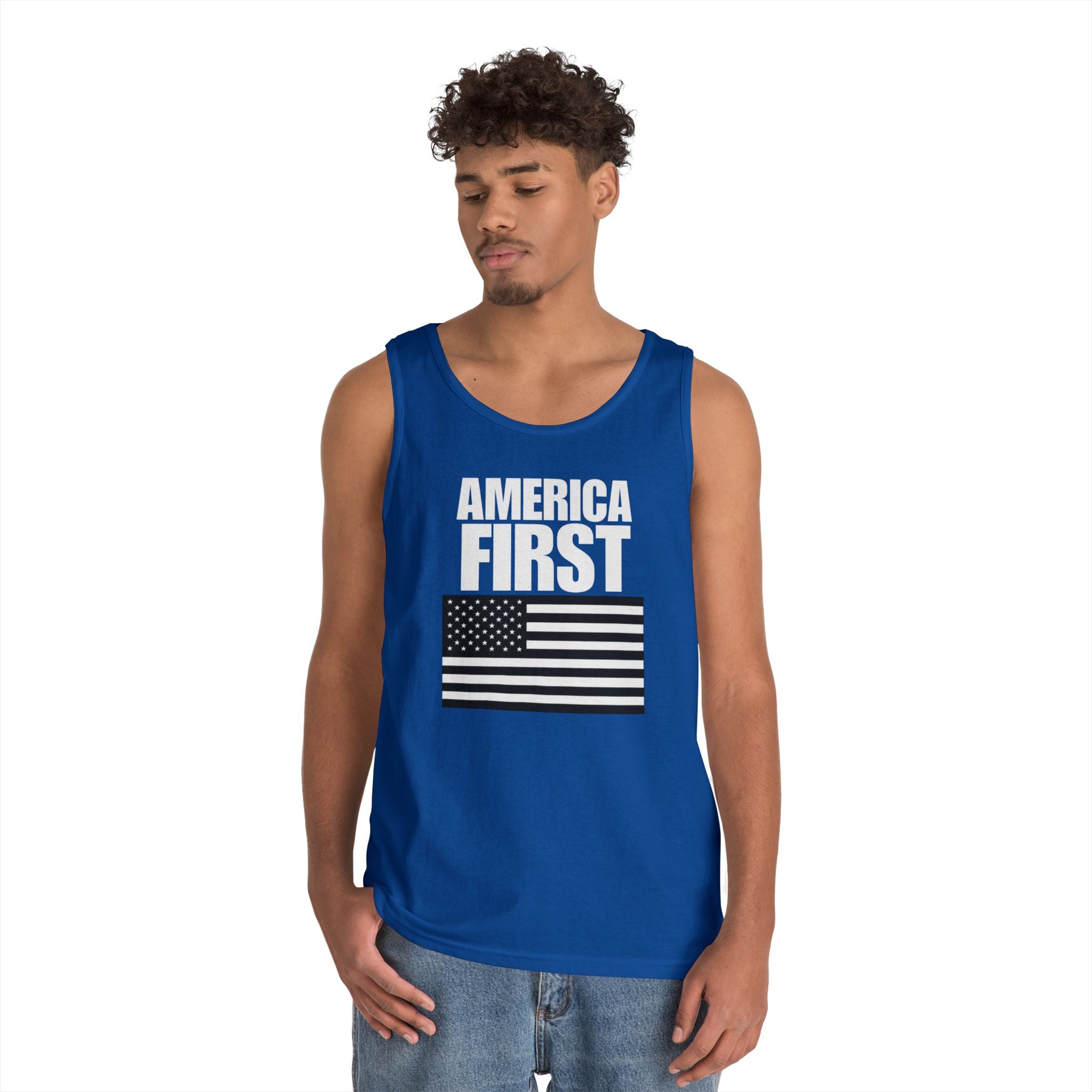 America First Black and White American Flag Heavy Cotton Tank Top