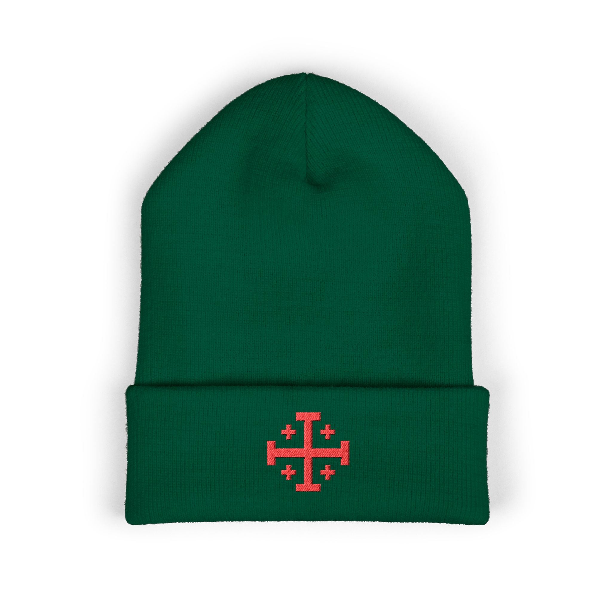 Cross of Jerusalem Red Design Embroidered Cuffed Beanie Knit Hat