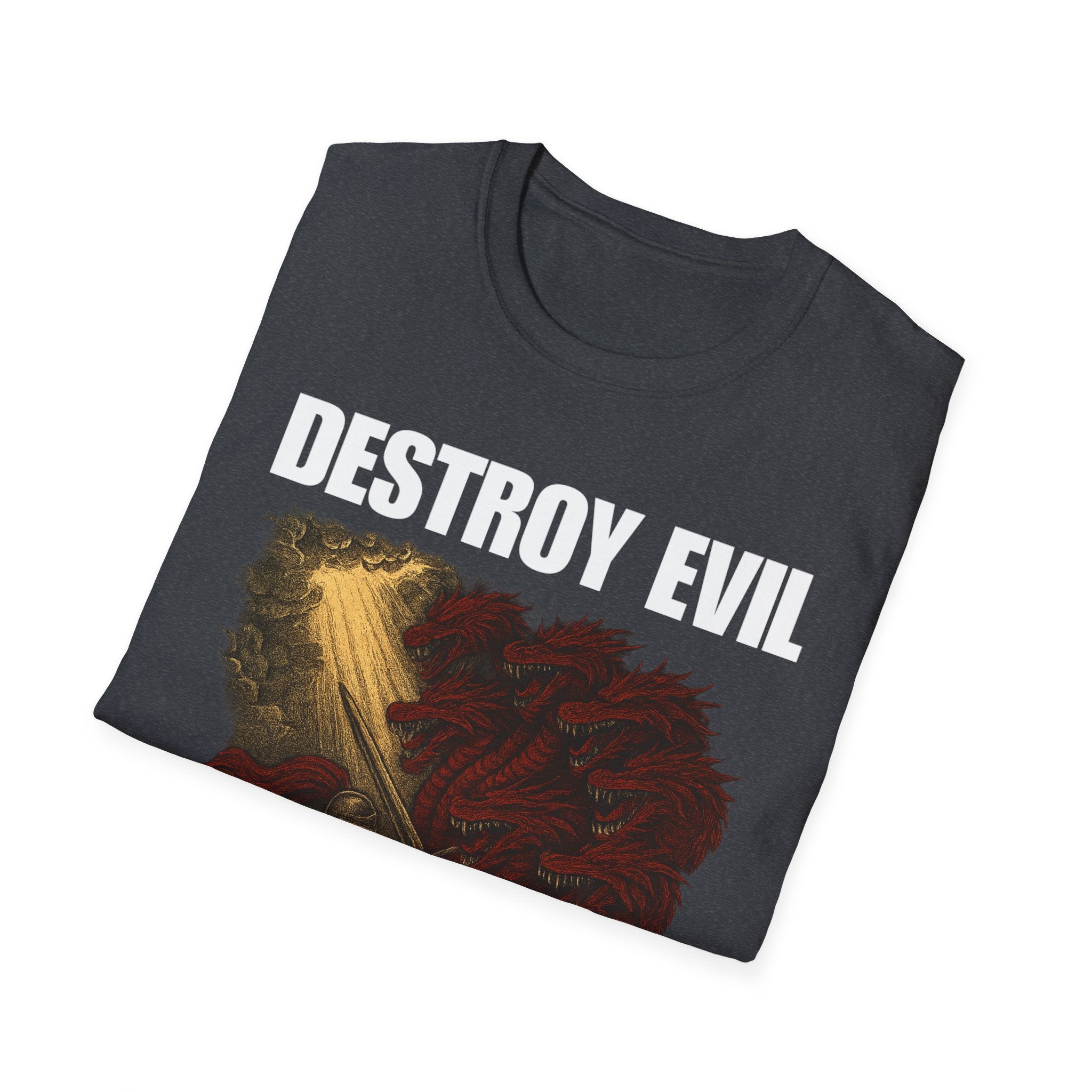 'Destroy Evil' Crusader Defeating the Great Red Dragon Design Graphic Softstyle T-Shirt