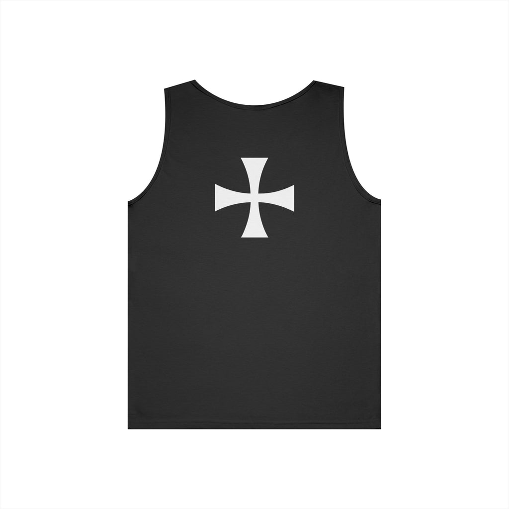 Teutonic Knights Front and Back White Teutonic Cross Graphic Heavy Cotton Tank Top