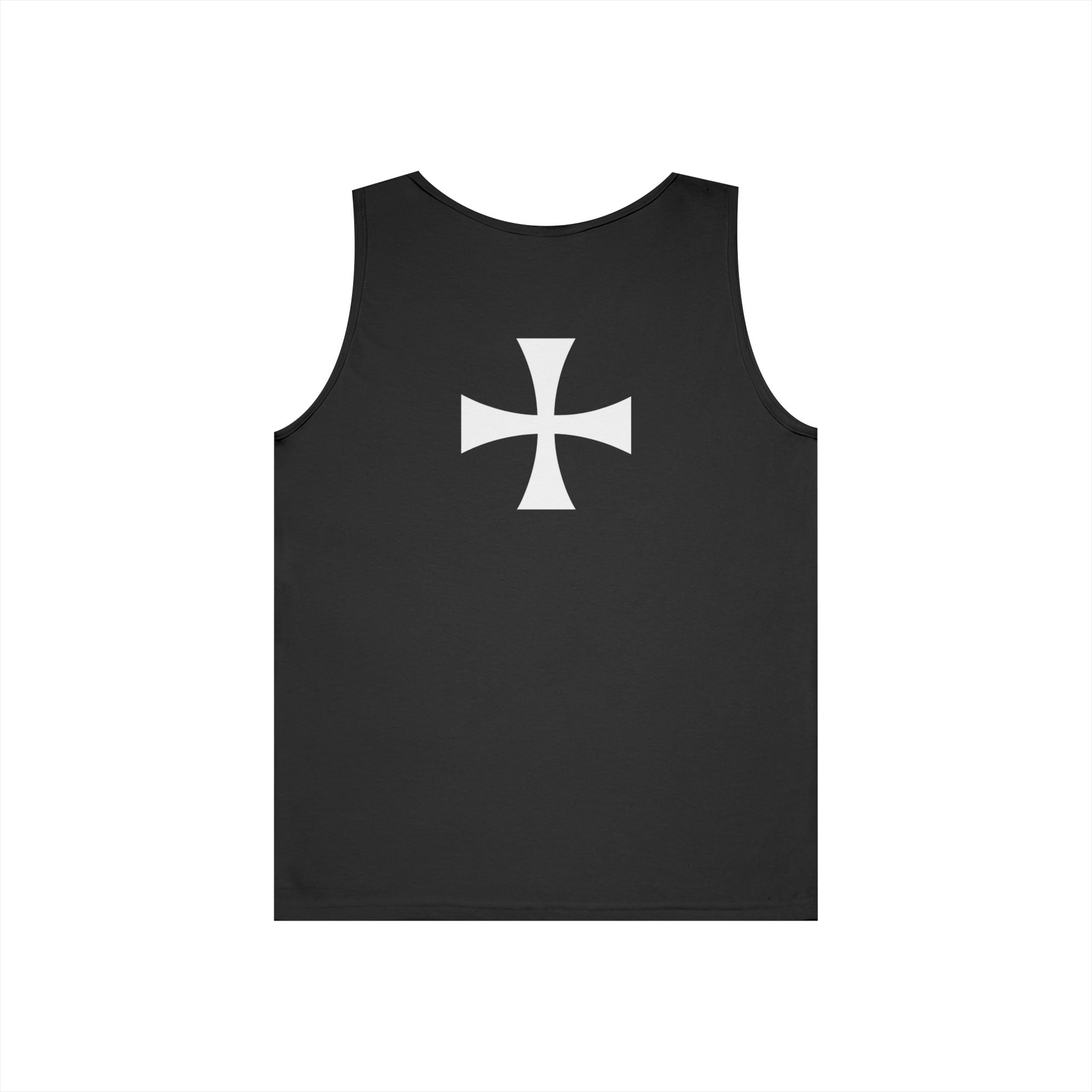 Teutonic Knights Front and Back White Teutonic Cross Graphic Heavy Cotton Tank Top