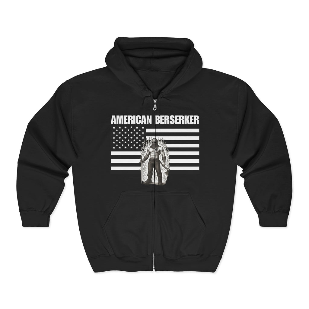 Bold American Berserker Graphic With Aura Black and White Design Full Zip Up Hoodie Sweatshirt