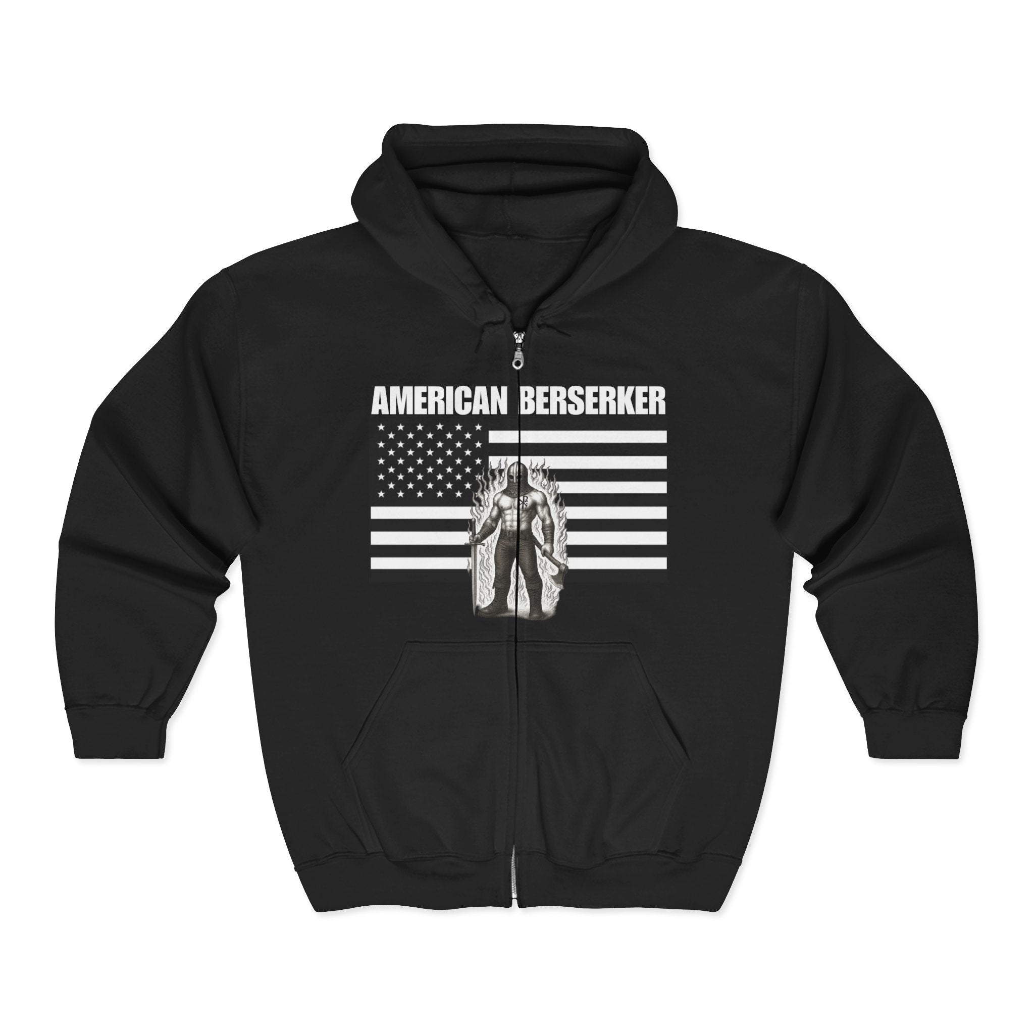 Bold American Berserker Graphic With Aura Black and White Design Full Zip Up Hoodie Sweatshirt
