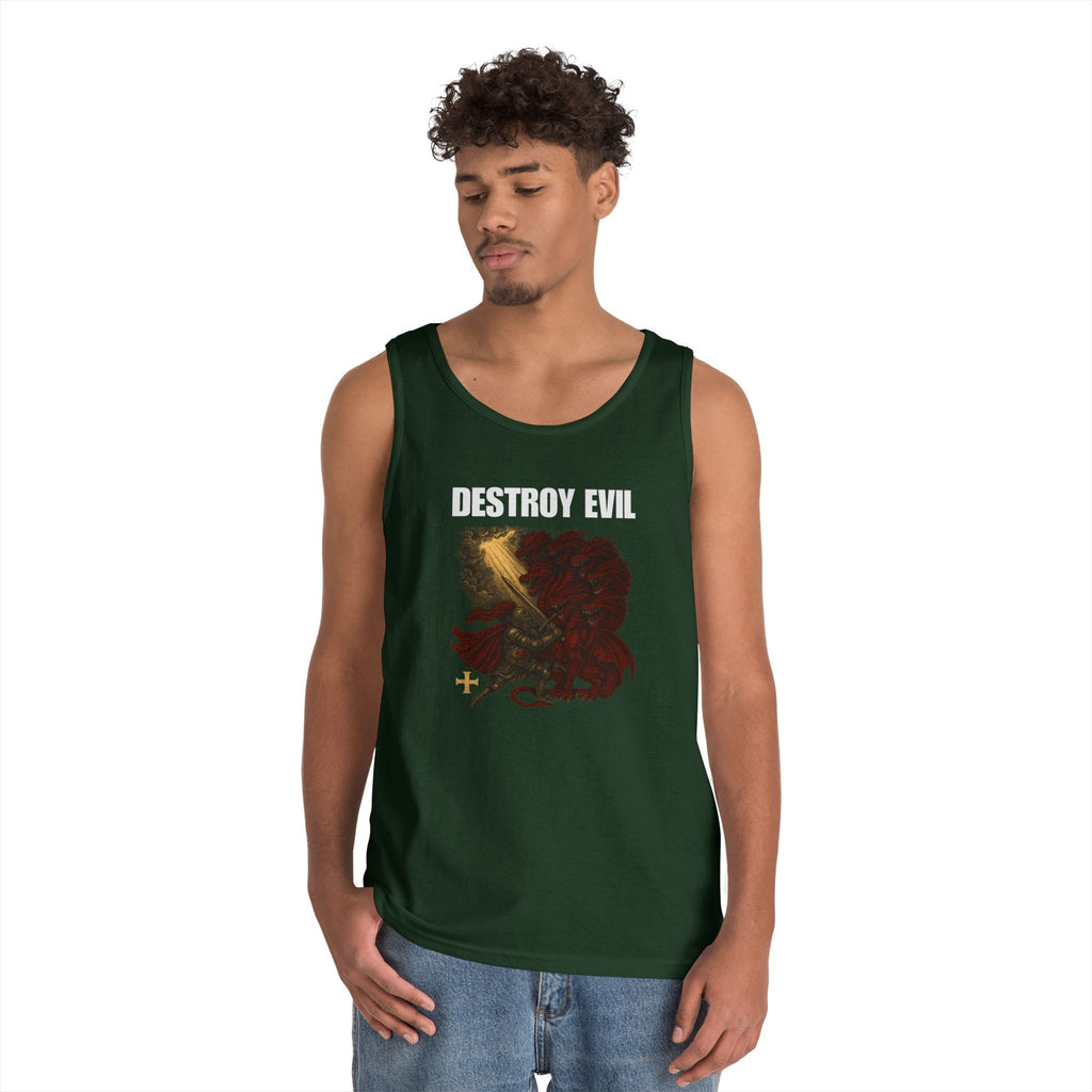 Heavy Cotton Tank Top with 'Destroy Evil' Crusader Defeating the Great Red Dragon Design