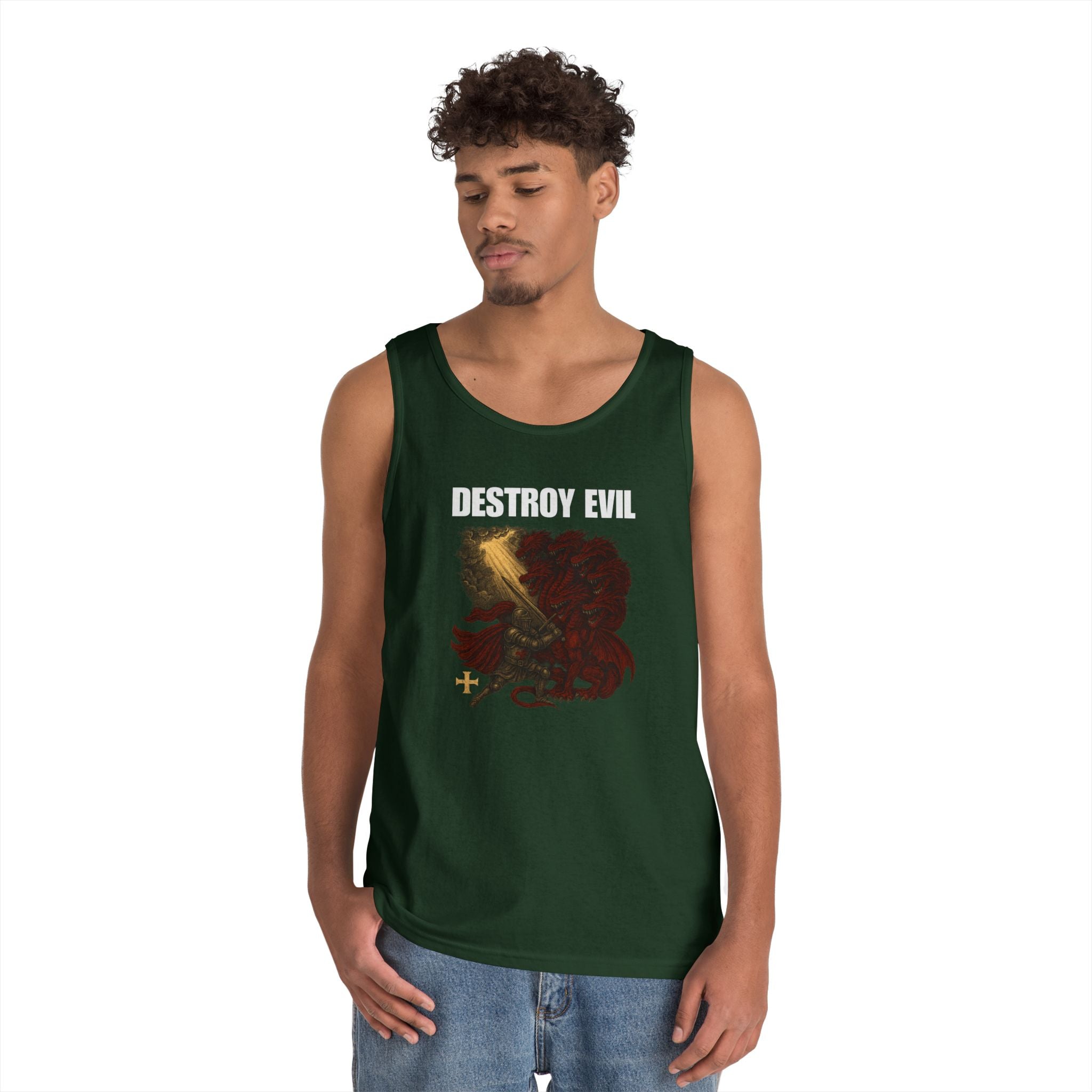 Heavy Cotton Tank Top with 'Destroy Evil' Crusader Defeating the Great Red Dragon Design