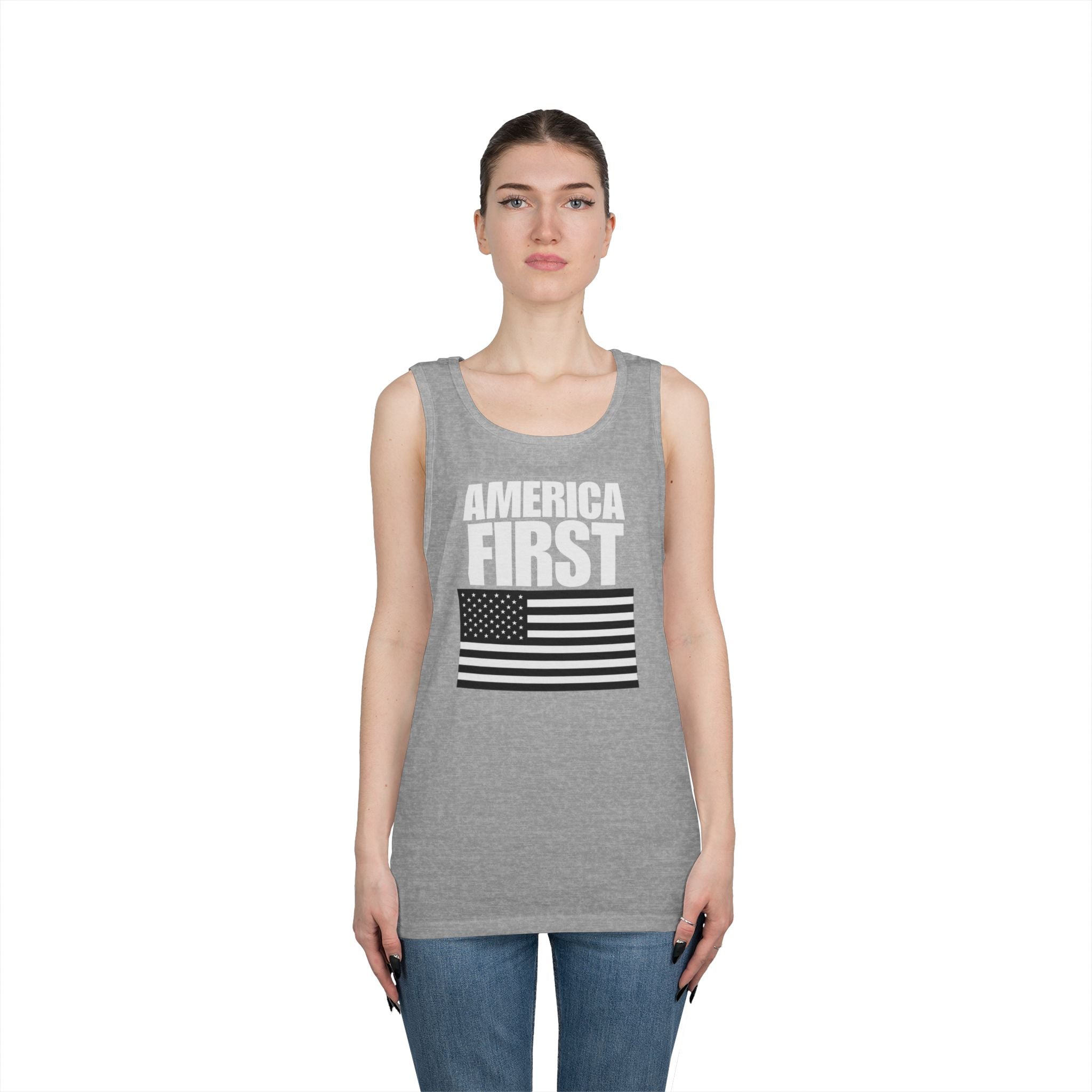 America First Black and White American Flag Heavy Cotton Tank Top