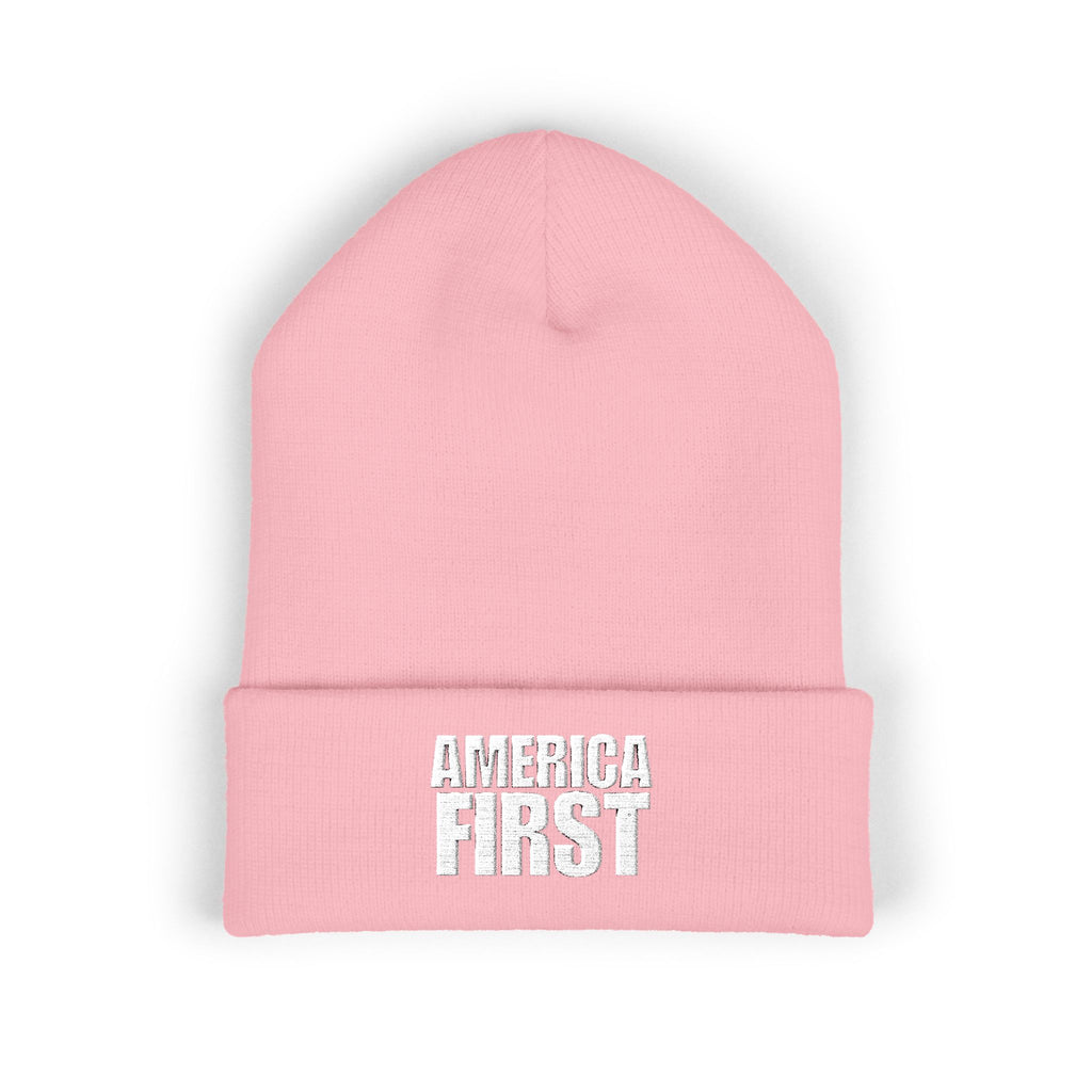 America First White Design Embroidered Cuffed Beanie Knit Hat