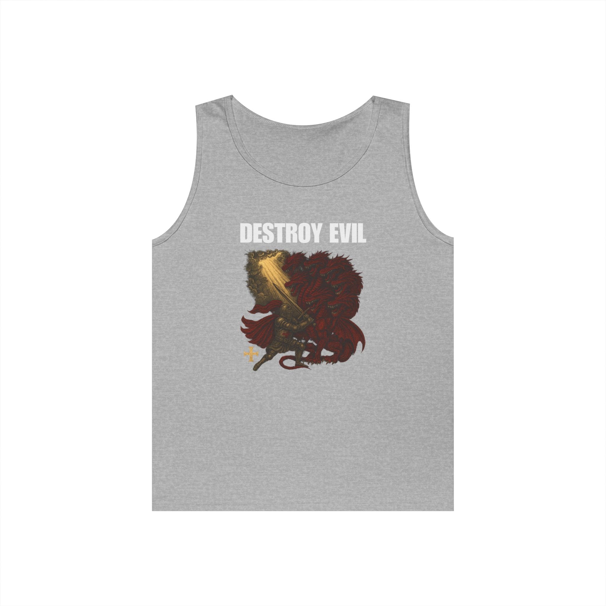 Heavy Cotton Tank Top with 'Destroy Evil' Crusader Defeating the Great Red Dragon Design