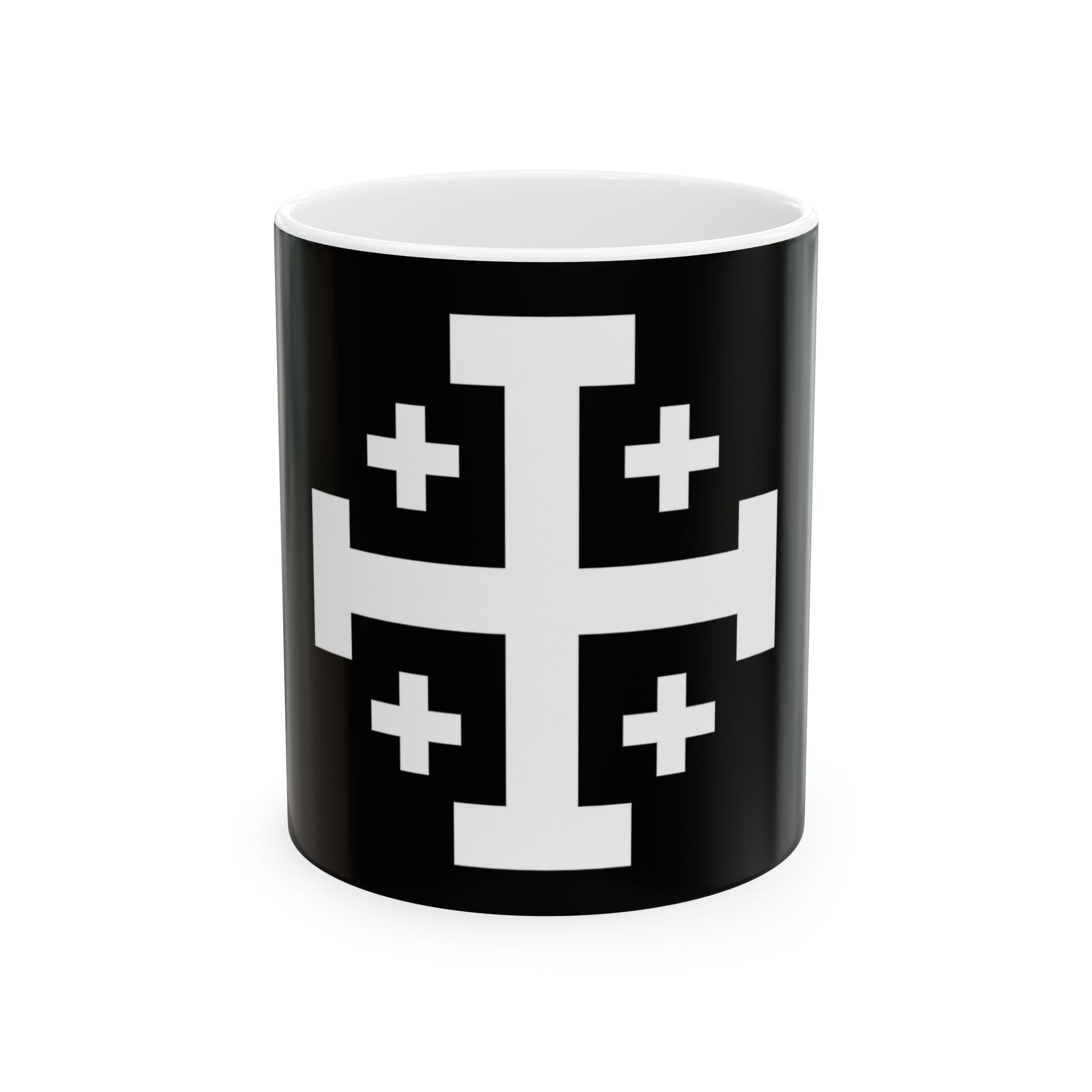 Cross of Jerusalem White Design Black Ceramic Mug