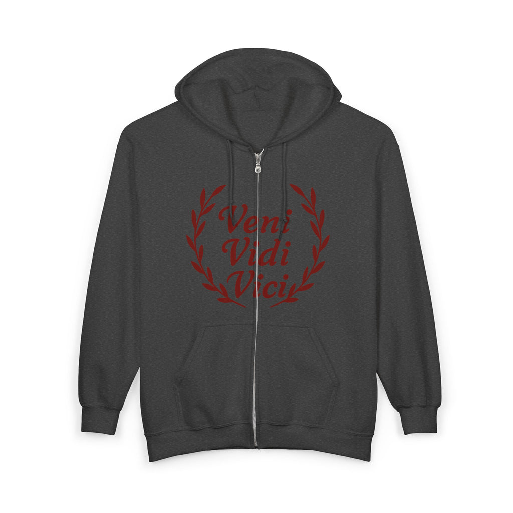 Veni Vidi Vici, "I Came, I Saw, I Conquered" Dark Red Text  Unisex Zip Up Hoodie Sweatshirt
