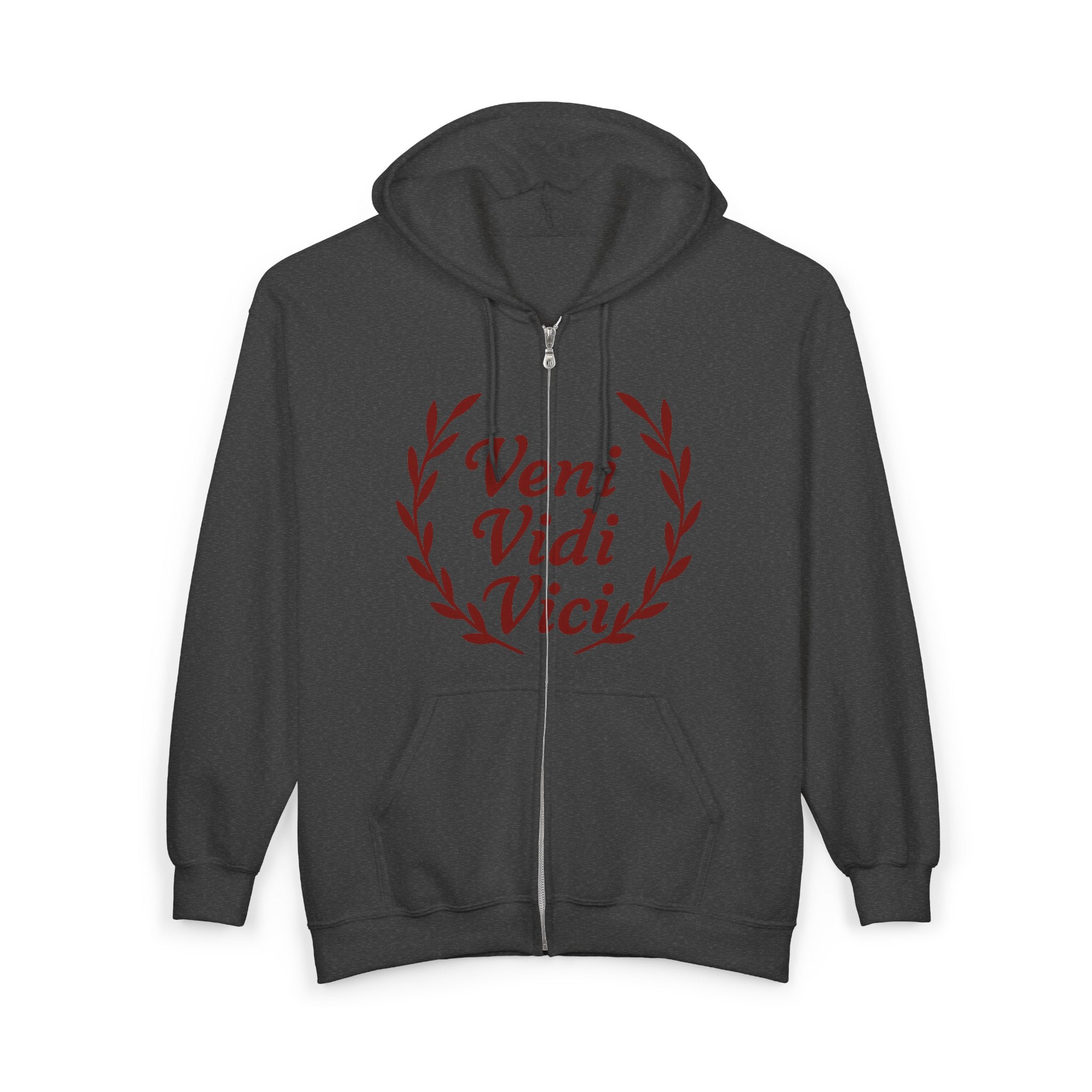 Veni Vidi Vici, "I Came, I Saw, I Conquered" Dark Red Text  Unisex Zip Up Hoodie Sweatshirt