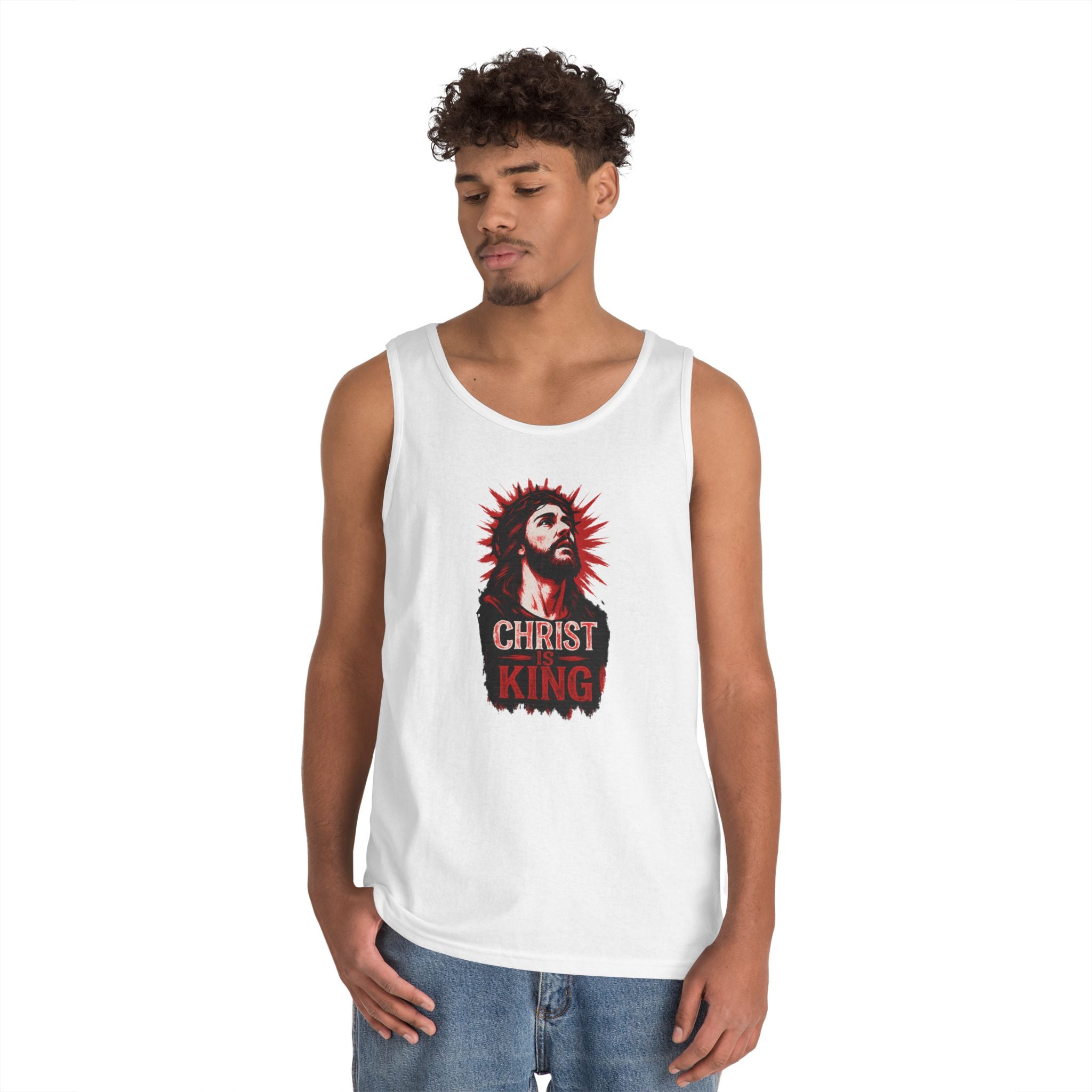 Christ King Unisex Heavy Cotton Tank Top - Casual Religious Apparel, Summer Wear, Gospel Gift, Faith Merchandise, Spiritual Clothing