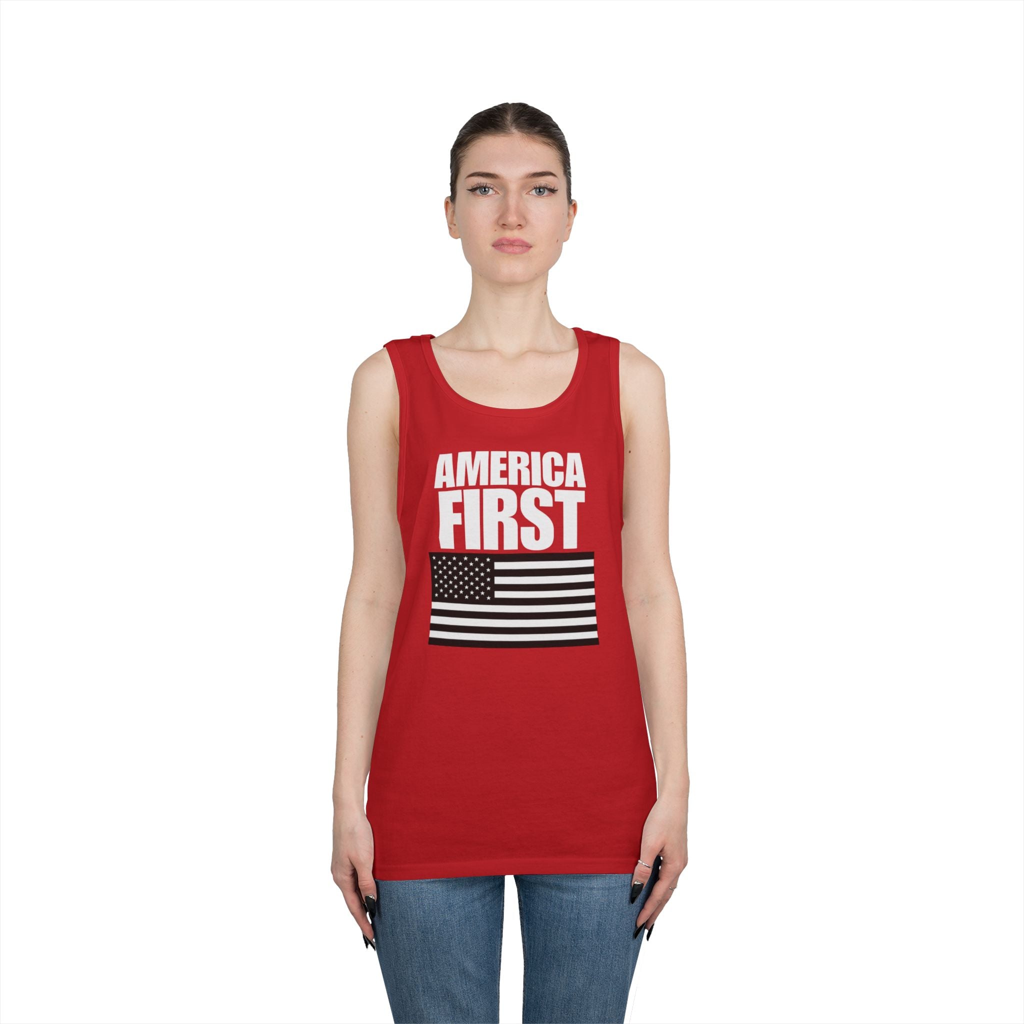 America First Black and White American Flag Heavy Cotton Tank Top