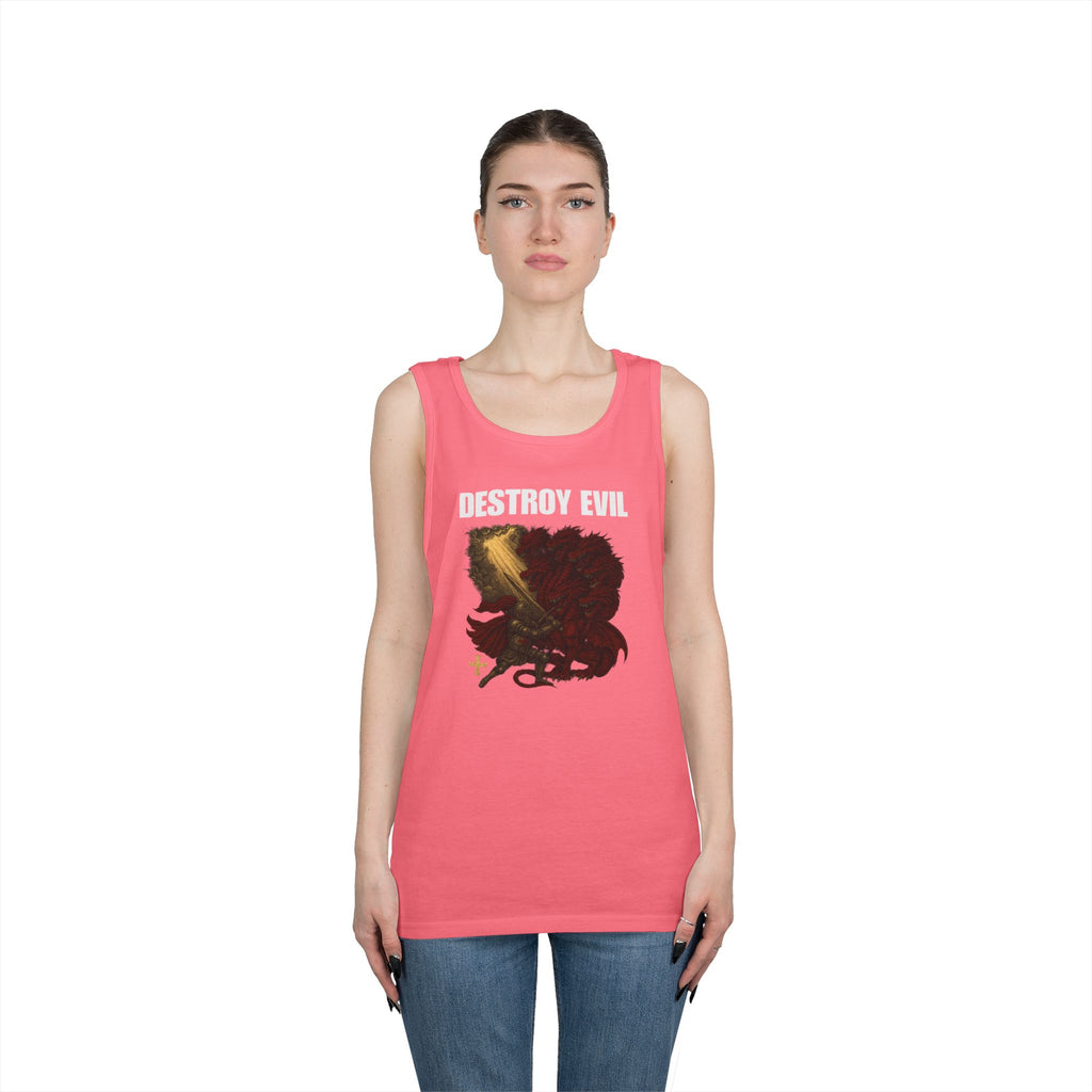 Heavy Cotton Tank Top with 'Destroy Evil' Crusader Defeating the Great Red Dragon Design