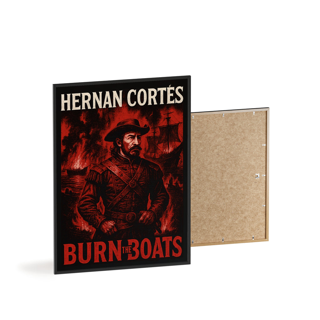 Hernan Cortes 'Burn the Boats' Motivational Poster with Wooden Frame, Wall Art