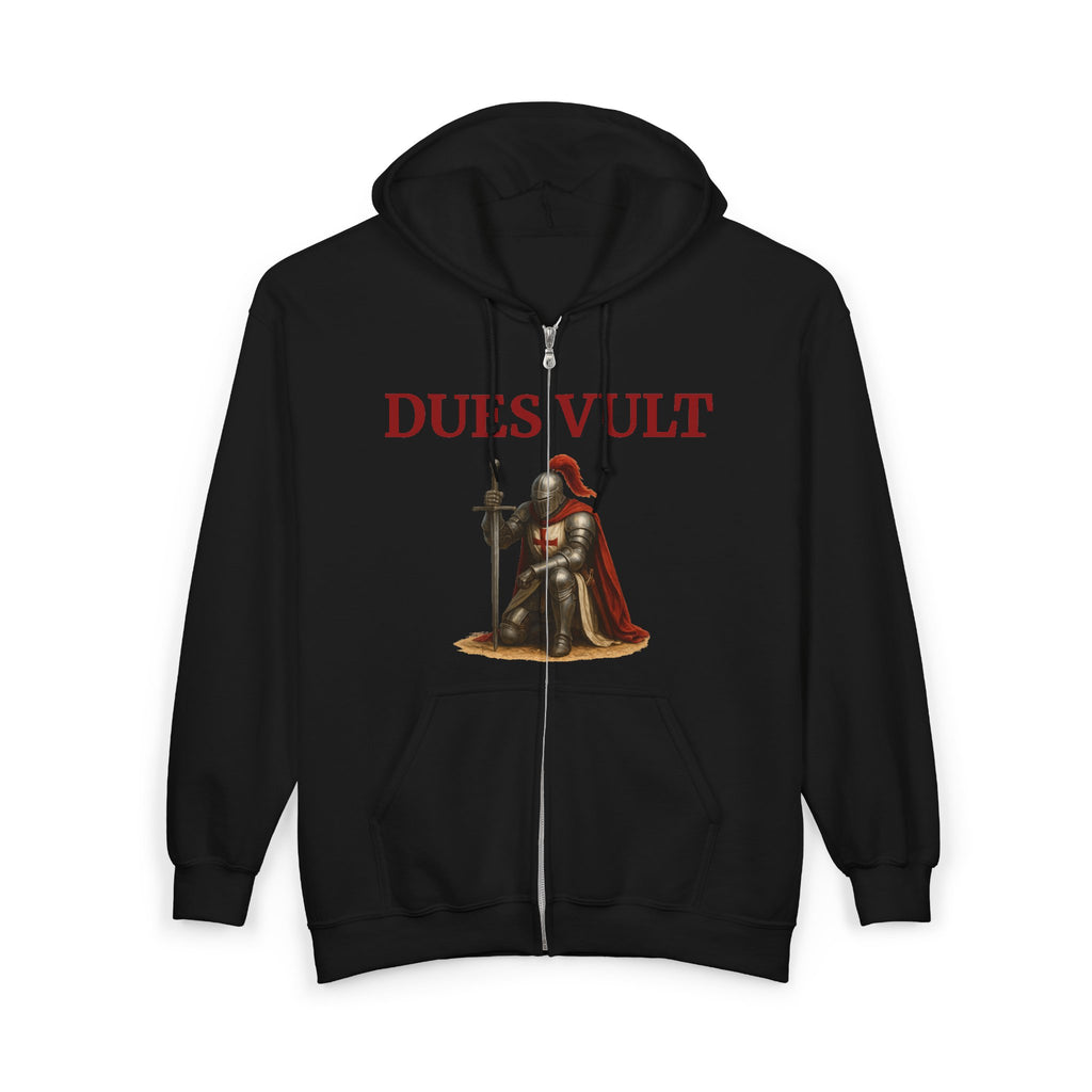 Crusader Knight Dues Vult Zip Up Hoodie, Dues Vult Zippered Sweatshirt