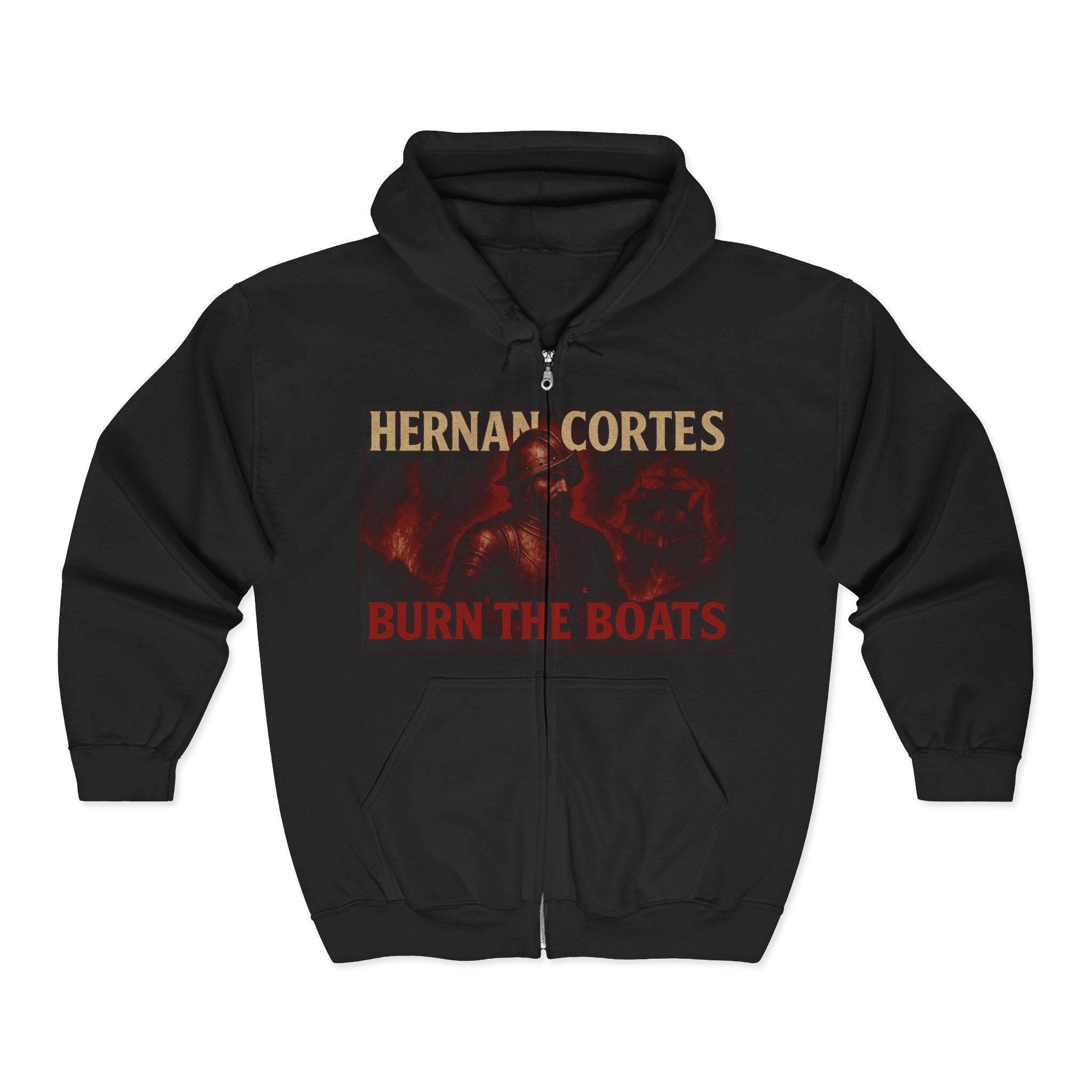 Hernan Cortes 'Burn Boats' Unisex Zip Hoodie Armor Design