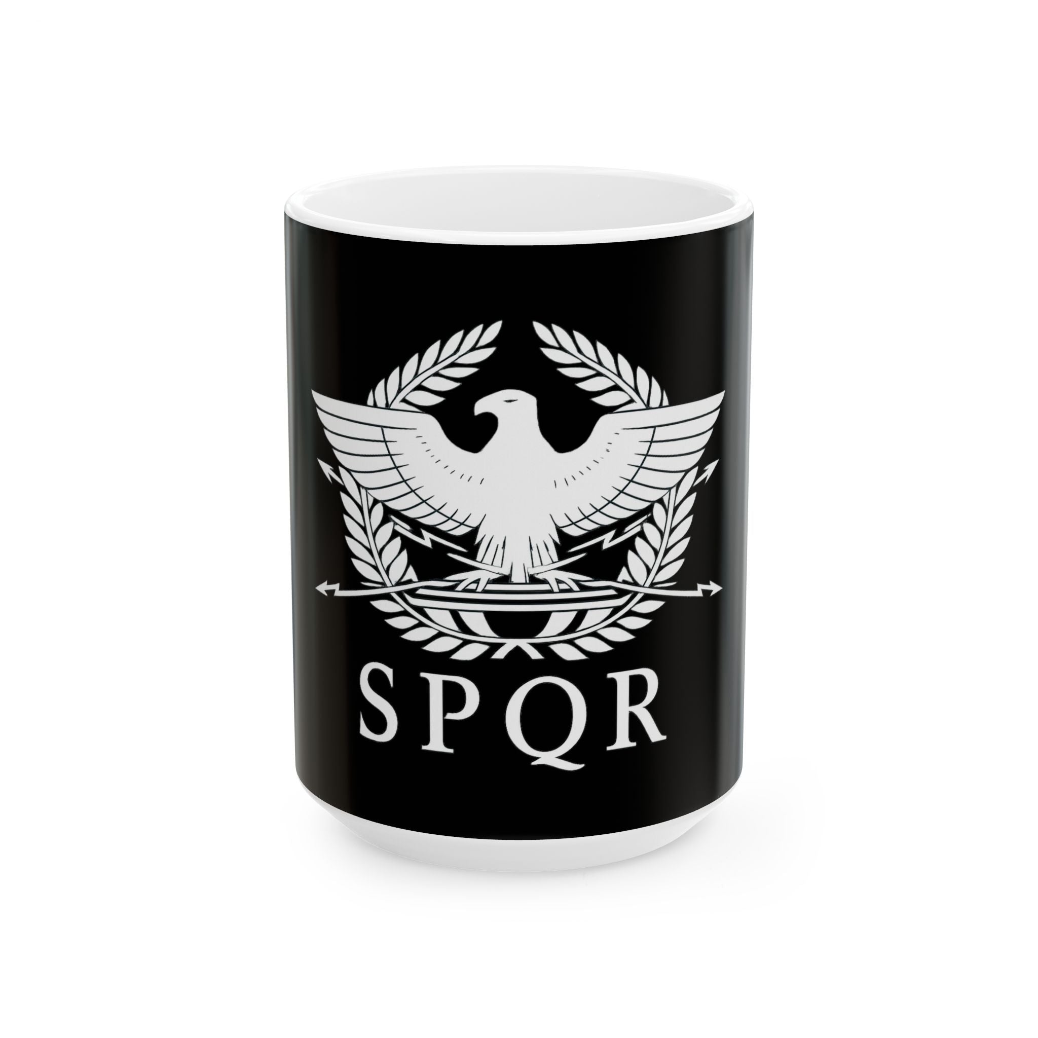 SPQR White Roman Eagle Design Black Ceramic Mug