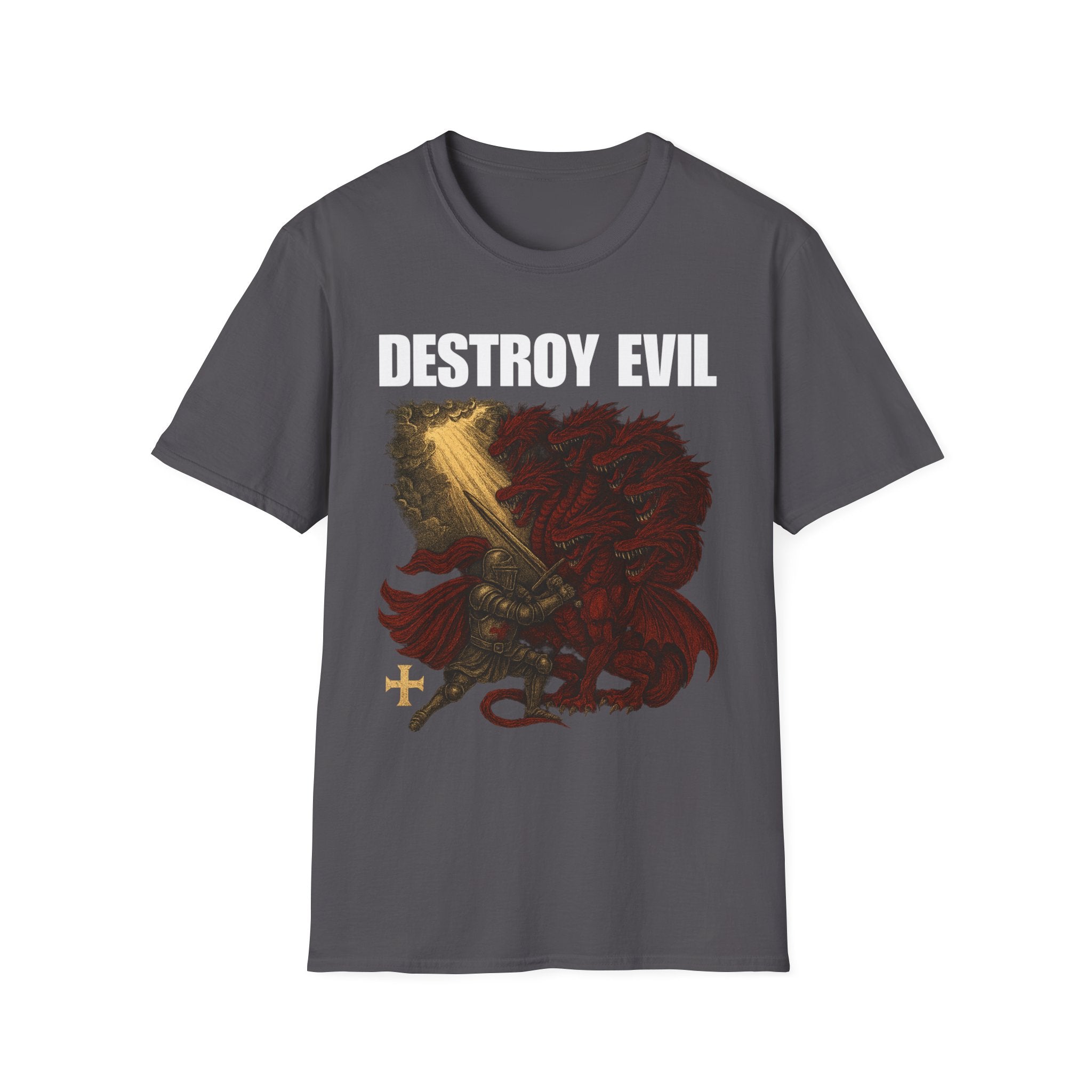 'Destroy Evil' Crusader Defeating the Great Red Dragon Design Graphic Softstyle T-Shirt