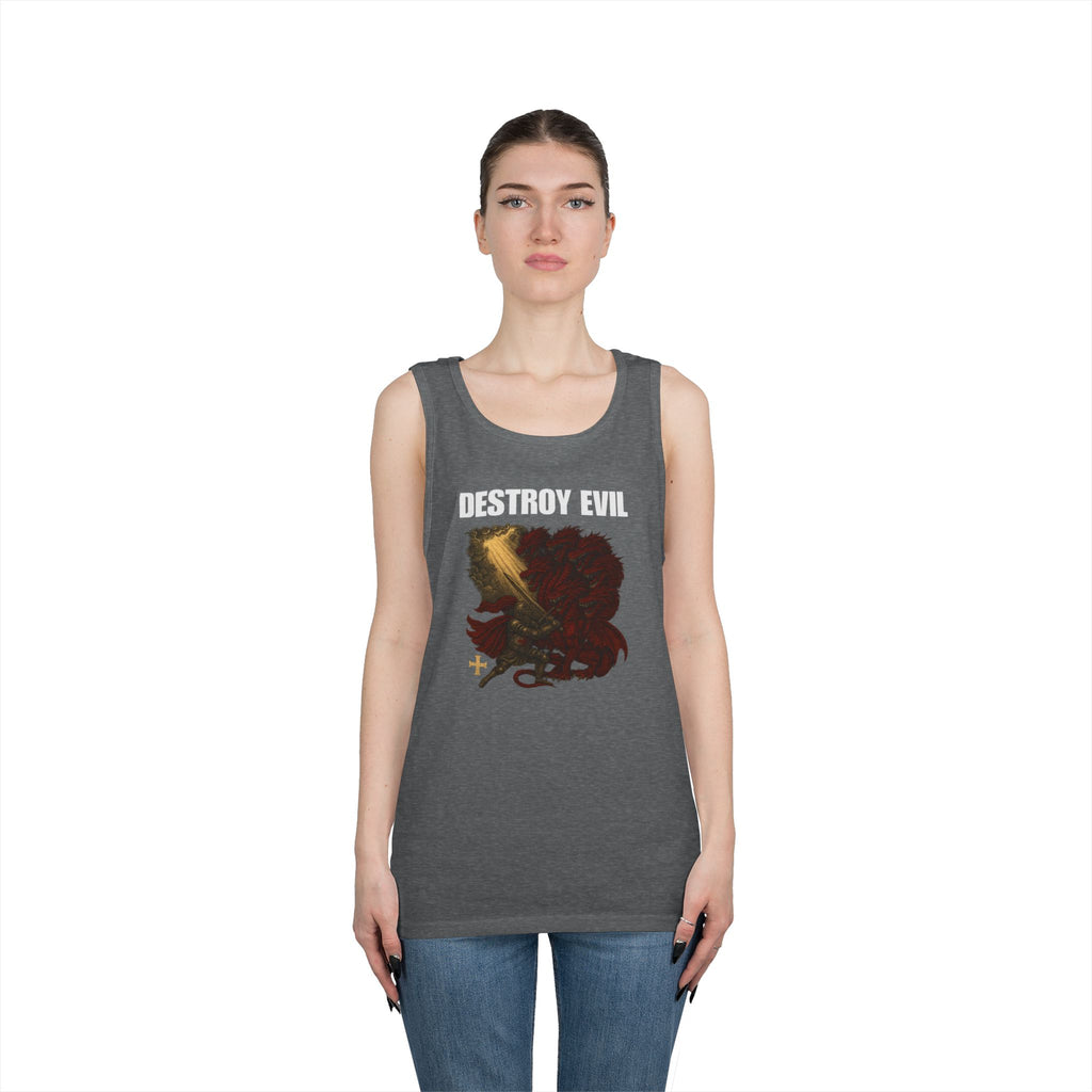 Heavy Cotton Tank Top with 'Destroy Evil' Crusader Defeating the Great Red Dragon Design