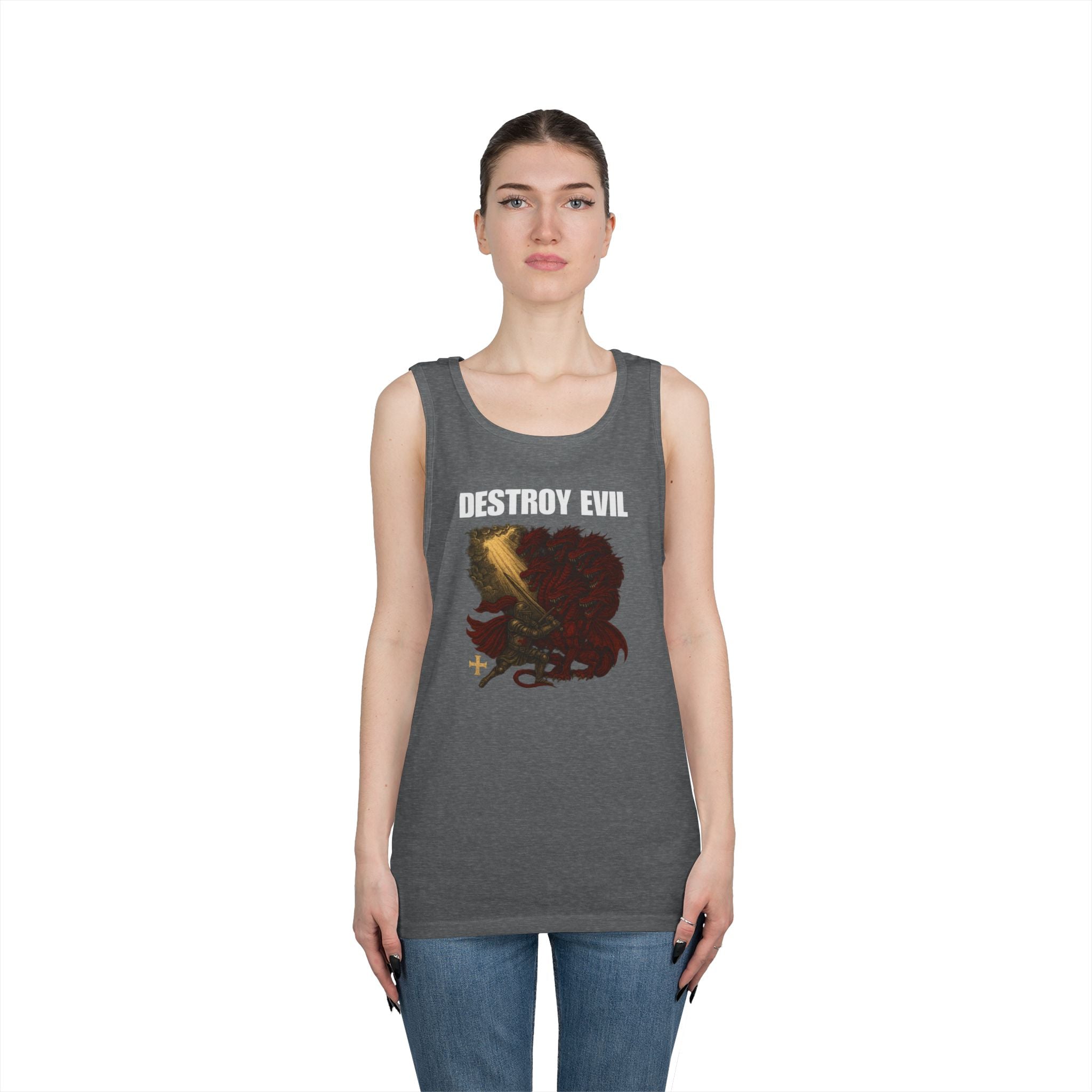 Heavy Cotton Tank Top with 'Destroy Evil' Crusader Defeating the Great Red Dragon Design