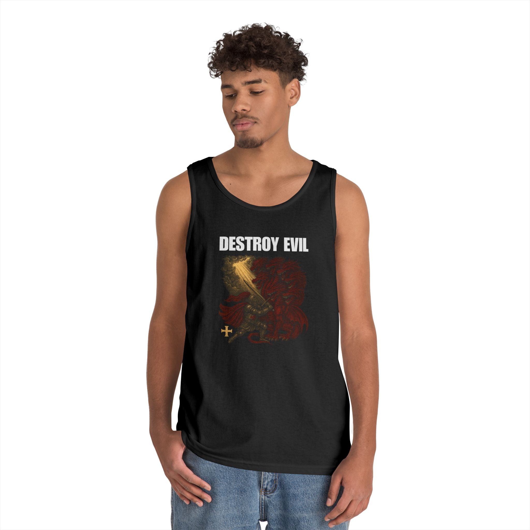 Heavy Cotton Tank Top with 'Destroy Evil' Crusader Defeating the Great Red Dragon Design