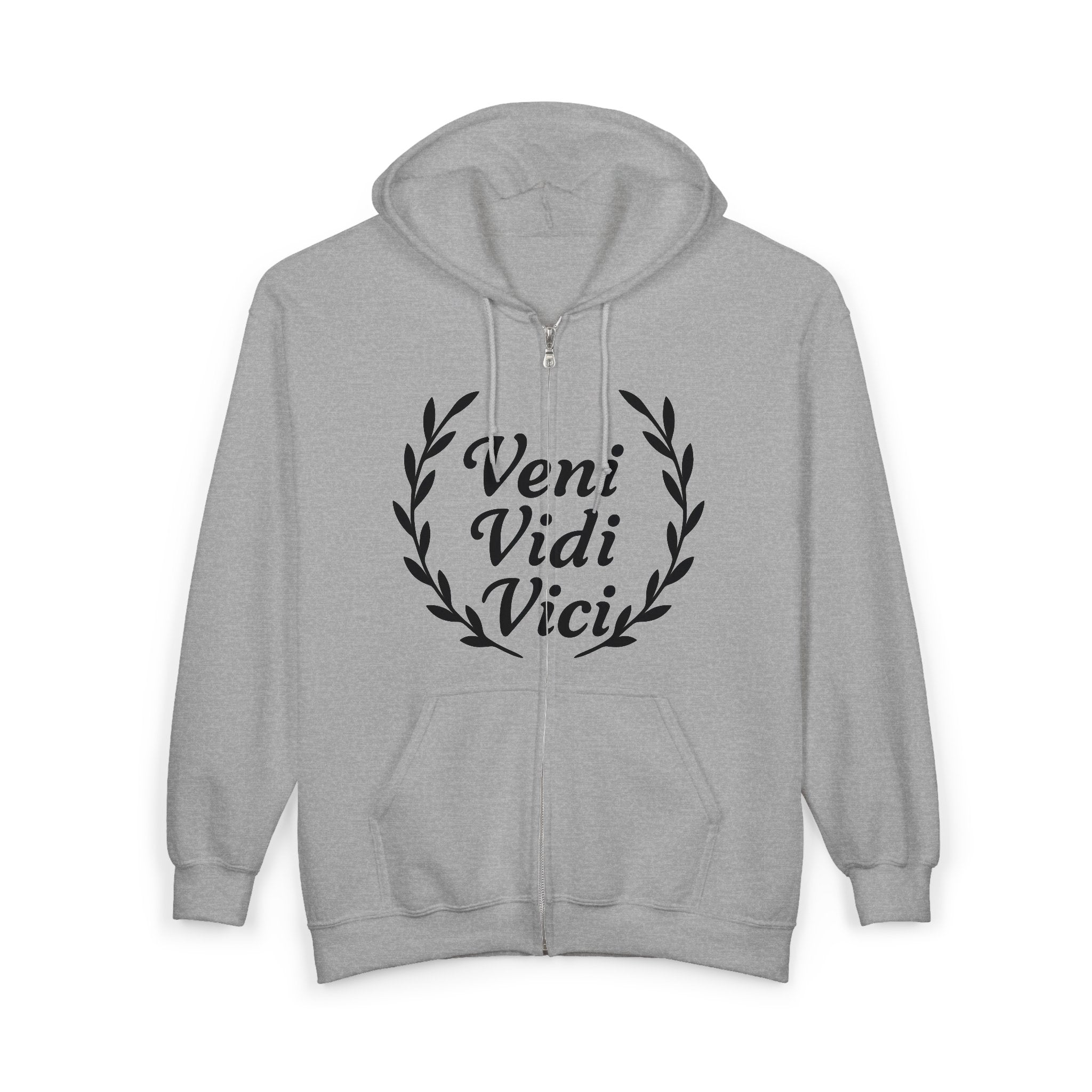 Veni Vidi Vici, "I Came, I Saw, I Conquered" Black Text  Unisex Zip Up Hoodie Sweatshirt