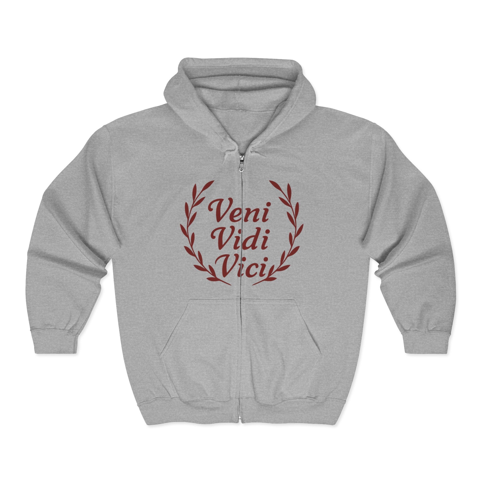 Veni Vidi Vici, "I Came, I Saw, I Conquered" Dark Red Text  Unisex Zip Up Hoodie Sweatshirt