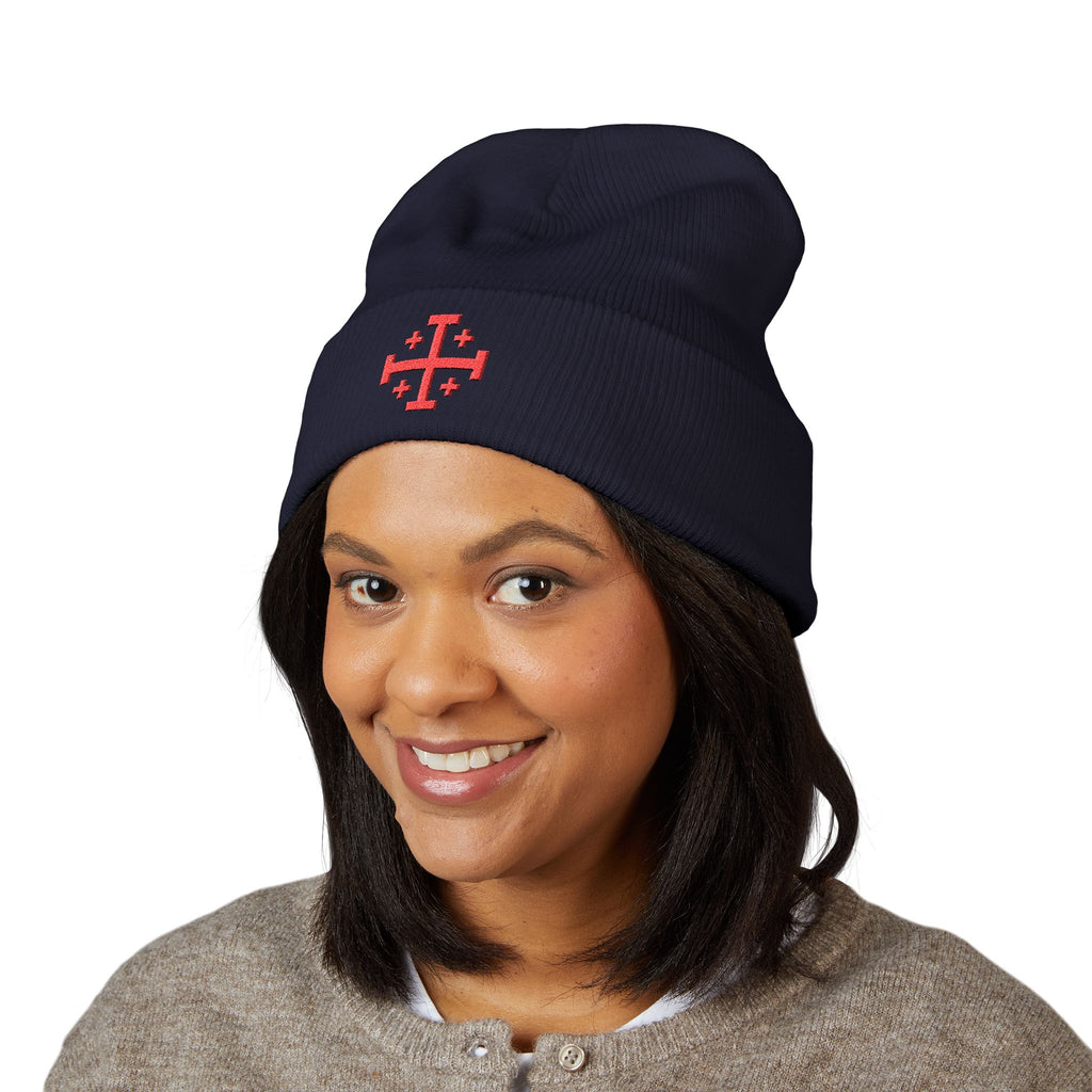 Cross of Jerusalem Red Design Embroidered Cuffed Beanie Knit Hat