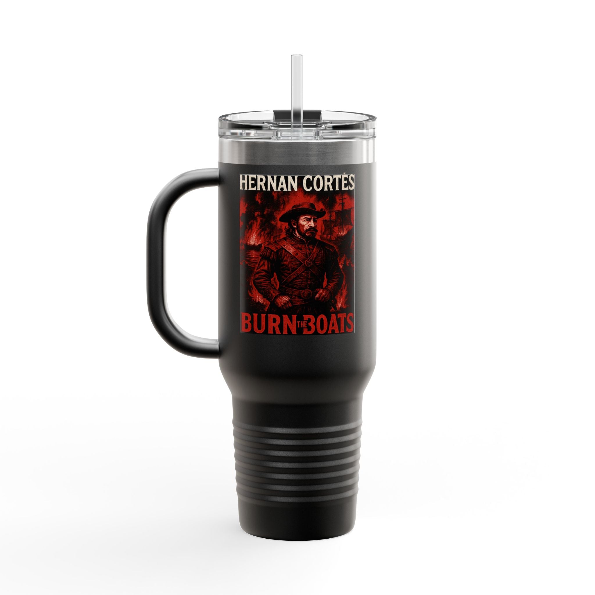 Hernan Cortes Burn the Boats Insulated Travel Mug, Customizable Drinkware