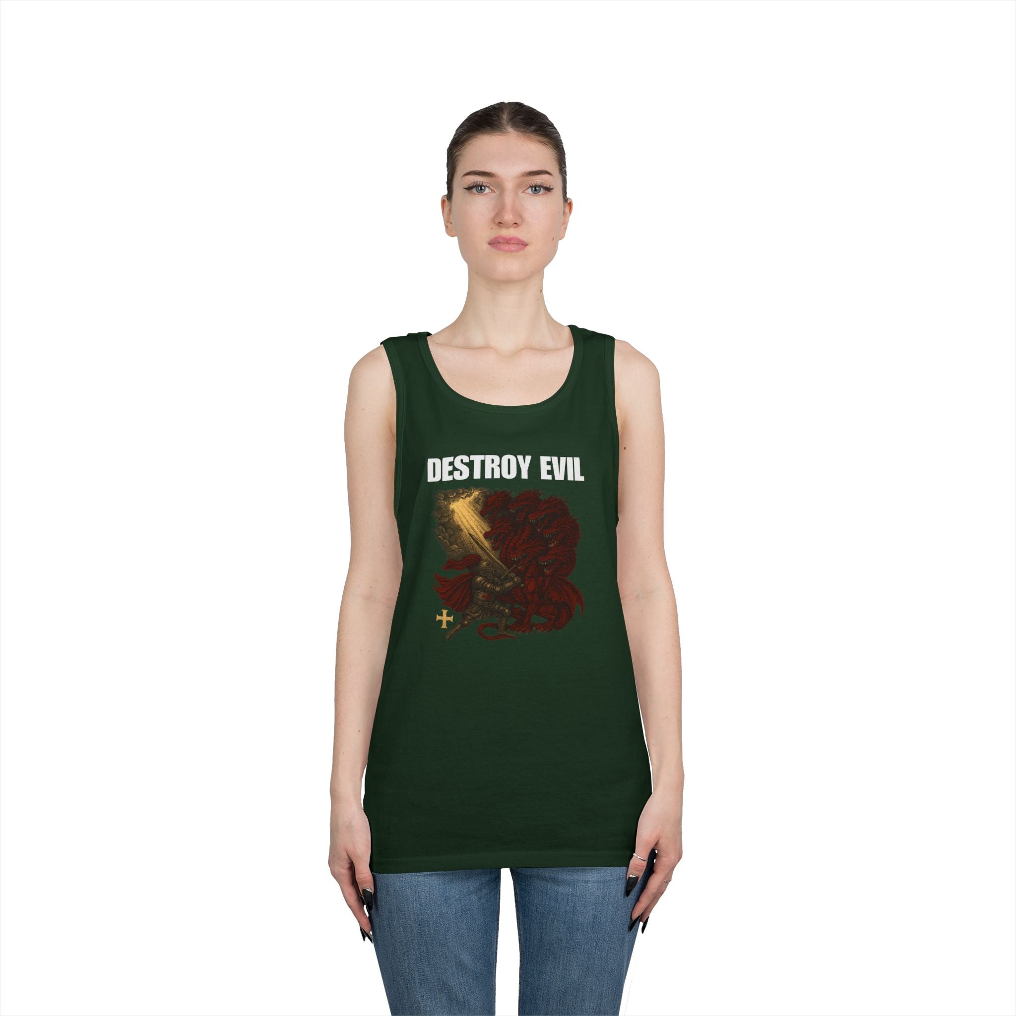 Heavy Cotton Tank Top with 'Destroy Evil' Crusader Defeating the Great Red Dragon Design