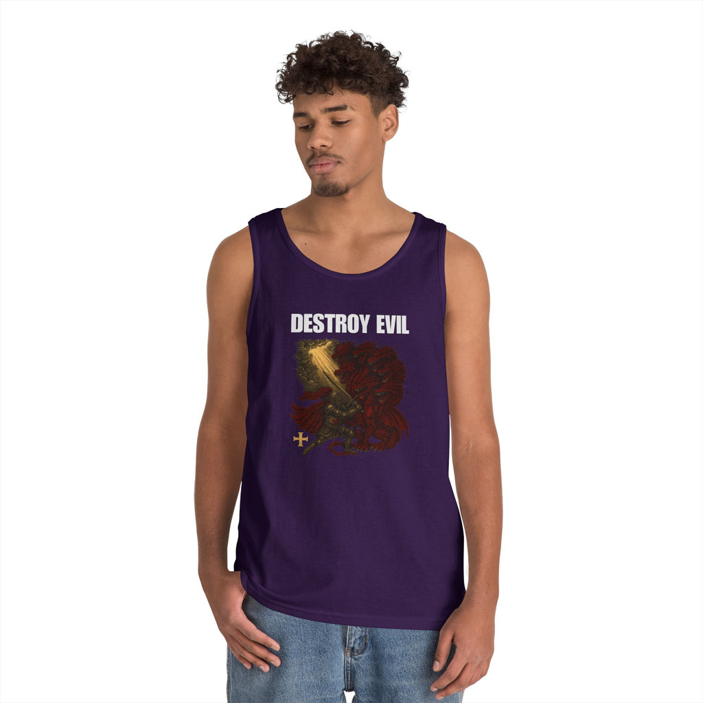 Heavy Cotton Tank Top with 'Destroy Evil' Crusader Defeating the Great Red Dragon Design