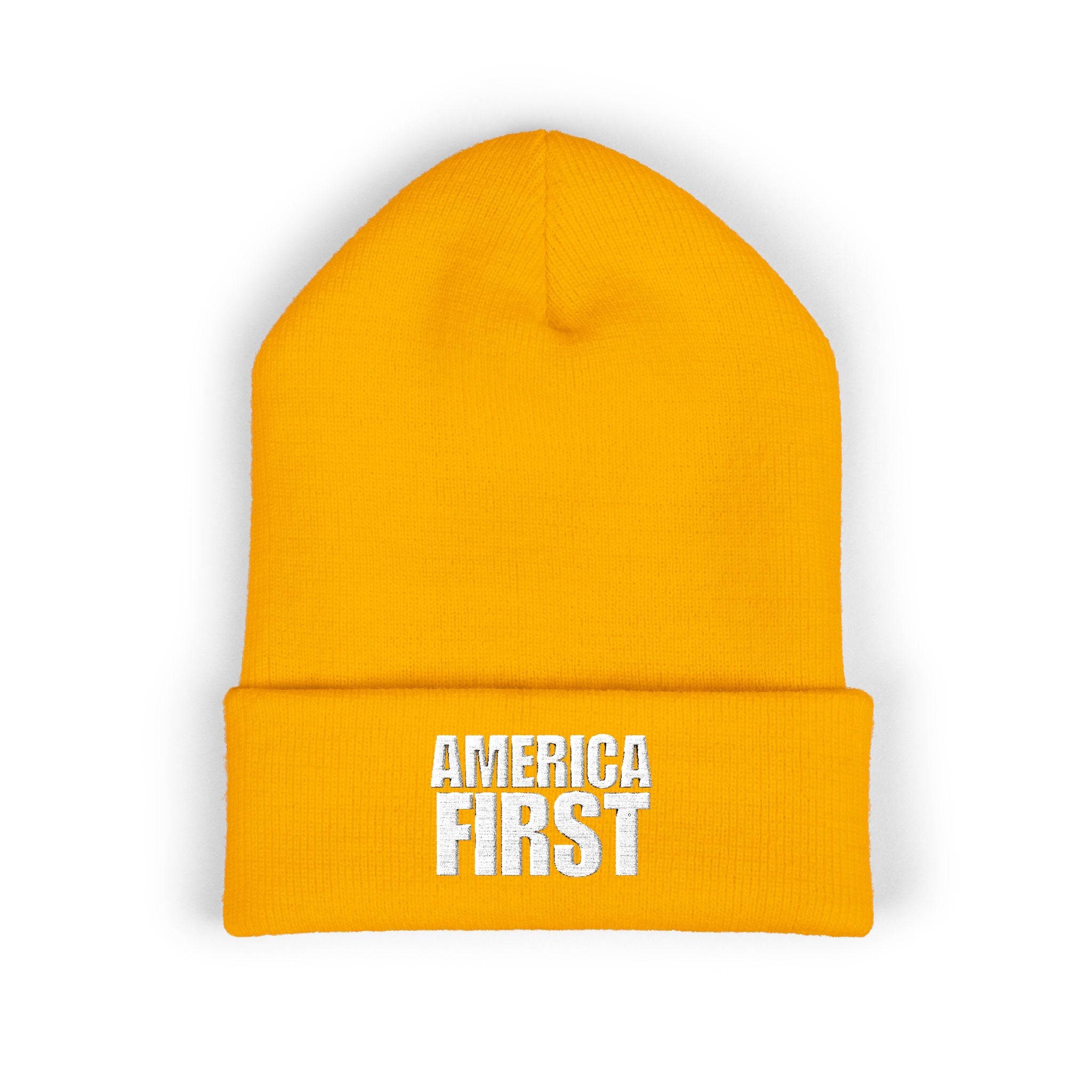 America First White Design Embroidered Cuffed Beanie Knit Hat