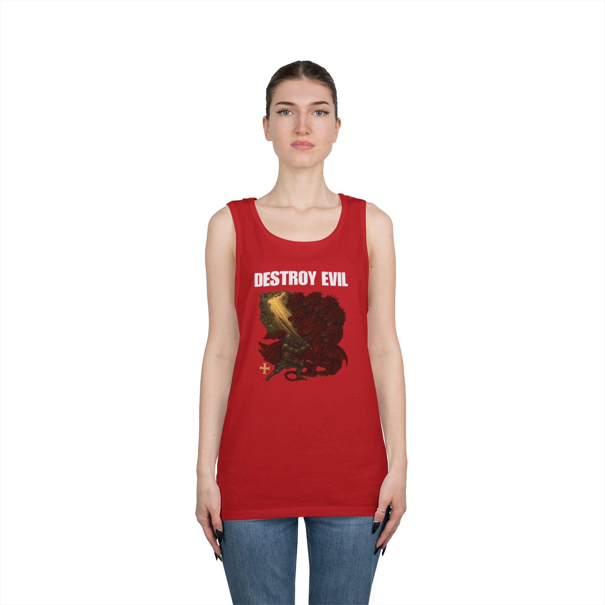 Heavy Cotton Tank Top with 'Destroy Evil' Crusader Defeating the Great Red Dragon Design