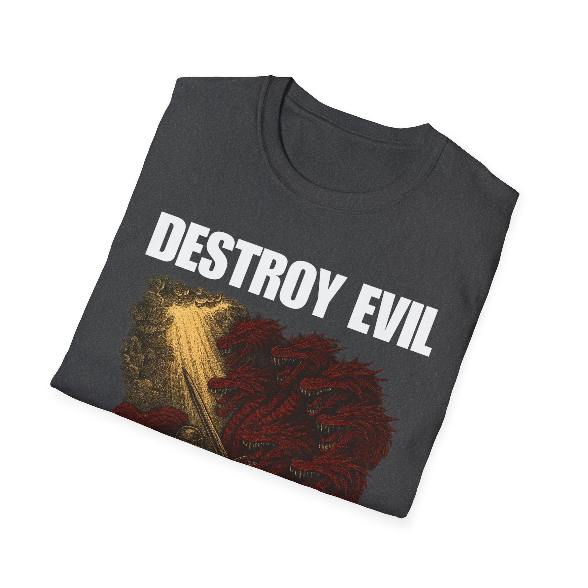 'Destroy Evil' Crusader Defeating the Great Red Dragon Design Graphic Softstyle T-Shirt