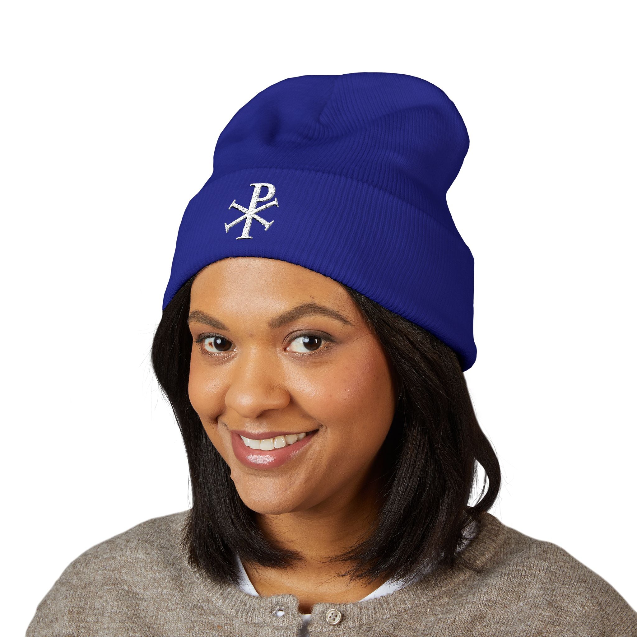 Pi Chi Rho White Design Embroidered Cuffed Beanie Knit Hat