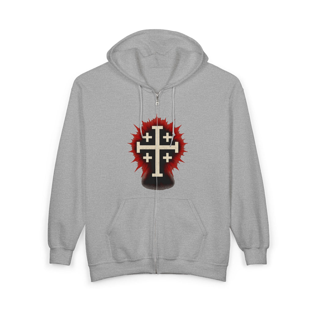 Crucifix Zip-Up Hoodie, Cross of Jerusalem Zip-Up Sweatshirt