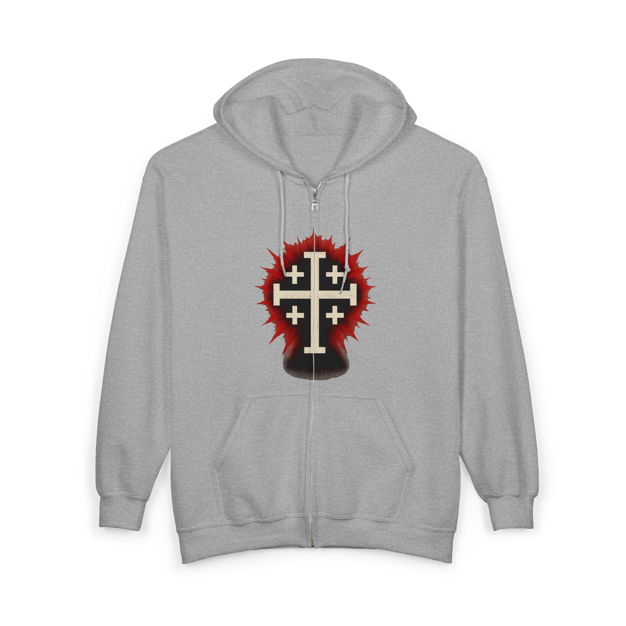 Crucifix Zip-Up Hoodie, Cross of Jerusalem Zip-Up Sweatshirt