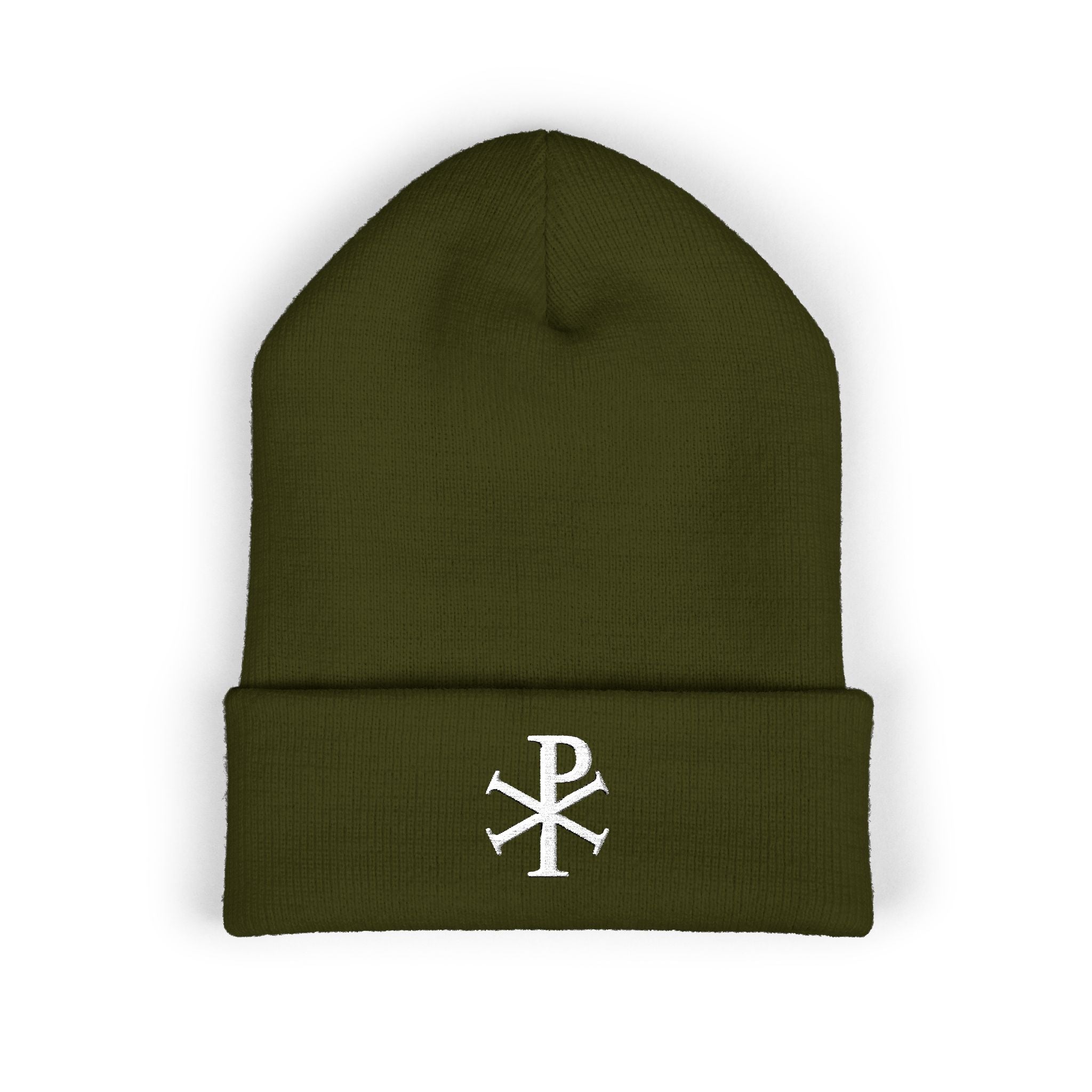 Pi Chi Rho White Design Embroidered Cuffed Beanie Knit Hat