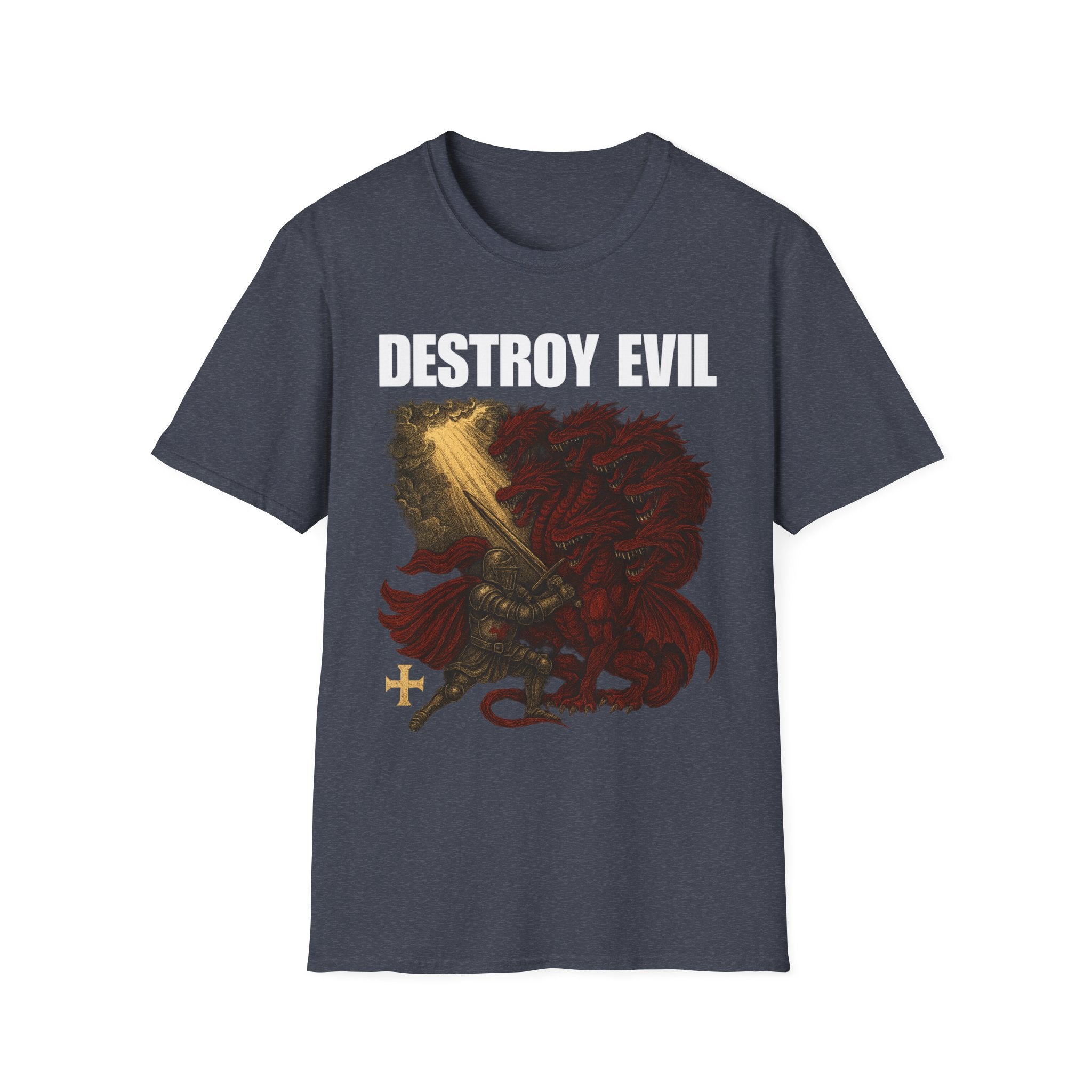 'Destroy Evil' Crusader Defeating the Great Red Dragon Design Graphic Softstyle T-Shirt